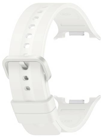 Weiße Silikon-Uhrenarmband mit Schließe und perforierten Verstelllöchern auf weißem Hintergrund.