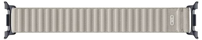 Beige gewebtes Uhrenarmband mit schwarzen Verbindern, horizontal auf weißem Hintergrund dargestellt.