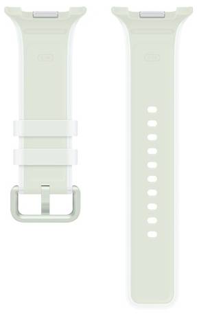 Zwei hellgrüne Uhrenarmband-Teile nebeneinander dargestellt: ein Schnallengurt auf der linken Seite und ein perforierter Verstellungsgurt auf der rechten Seite.