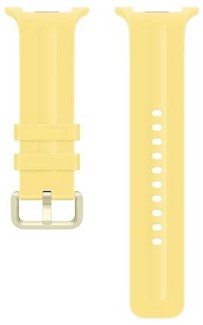 Gelbes Uhrenarmband mit Schnalle, von vorne und hinten gezeigt, mit mehreren Größenlöchern.