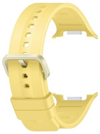 Gelbes Smartwatch-Armband mit Schnalle und perforierten Riemen, auf weißem Hintergrund dargestellt.