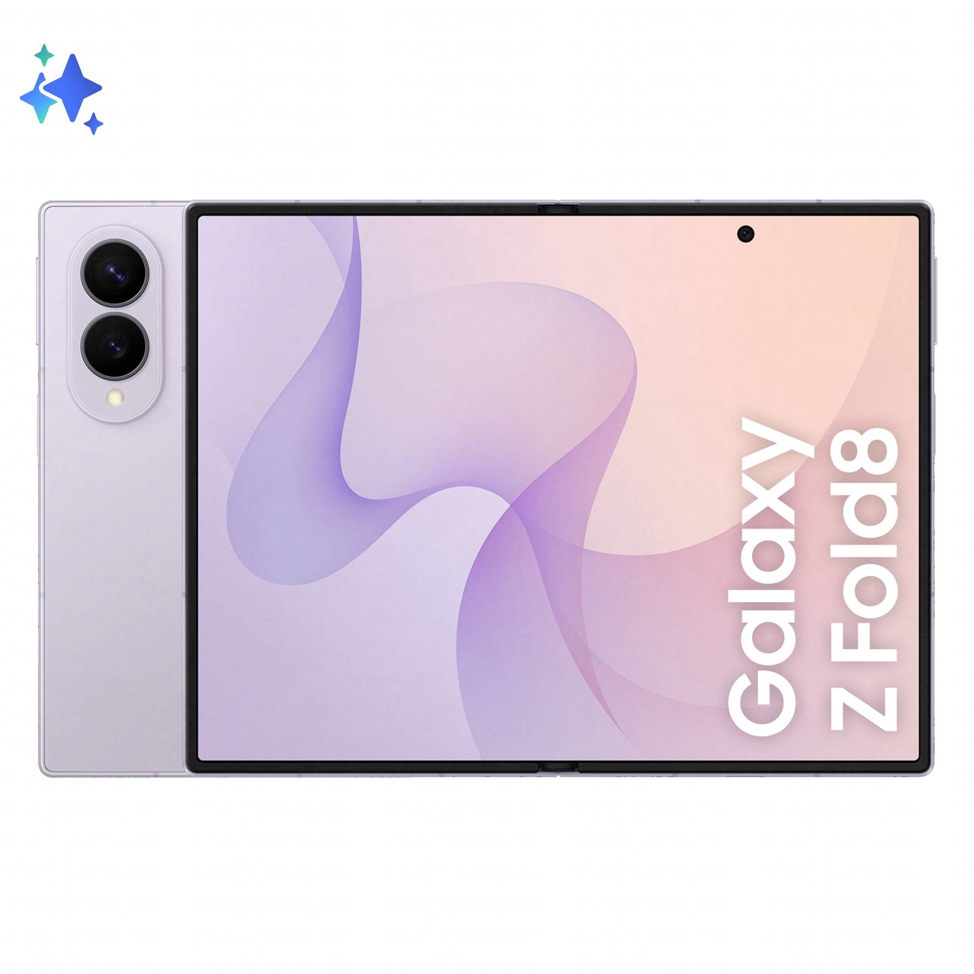 Samsung Galaxy Z Fold8 Smartphone im geöffneten Zustand dargestellt, mit faltbarem Display und lavender Rückseite mit Dual-Rückkameras.