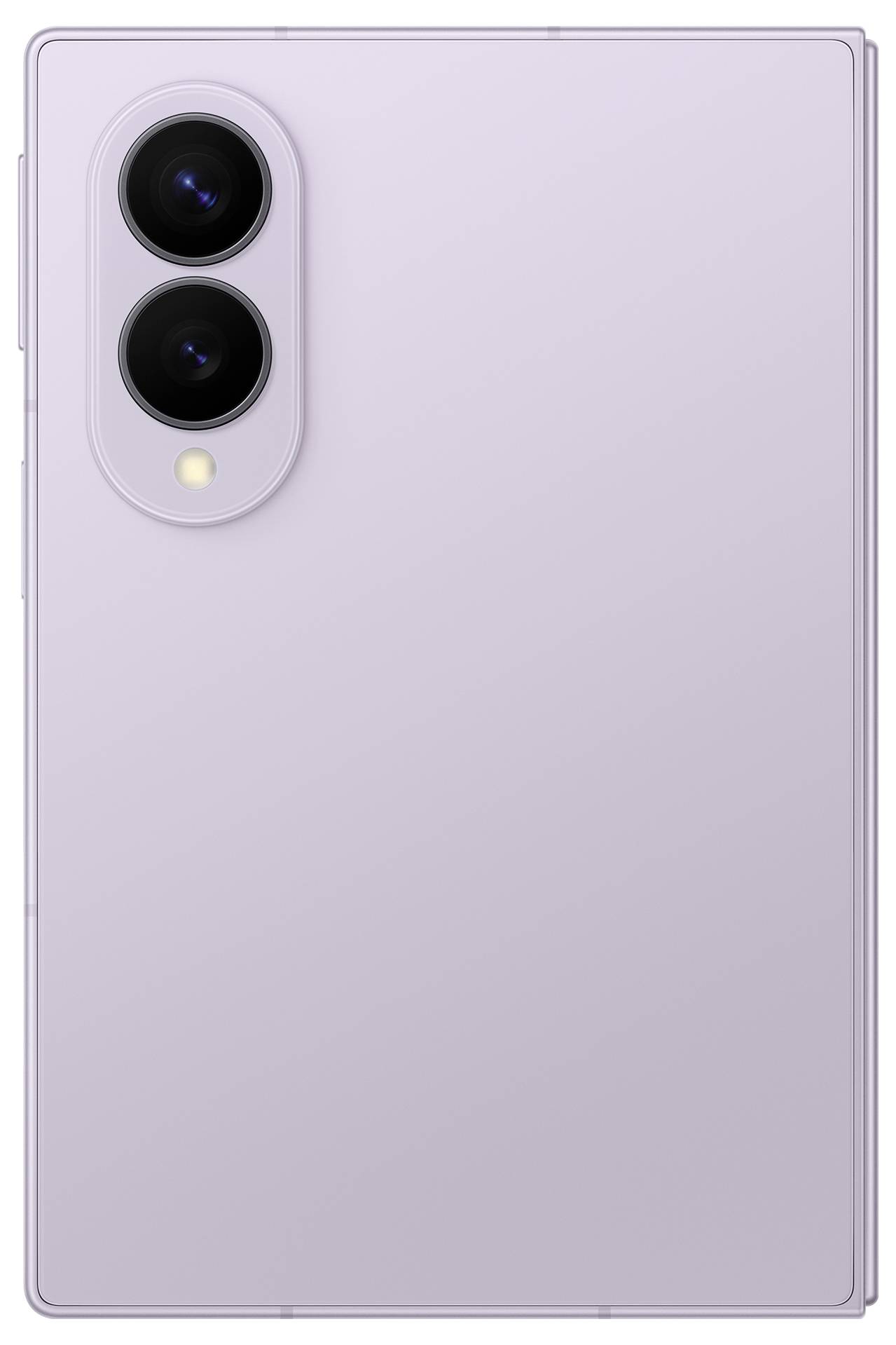 Rückseite eines hellvioletten Smartphones mit zwei rückwärtigen Kameras und Blitz in einem vertikalen Modul oben links.