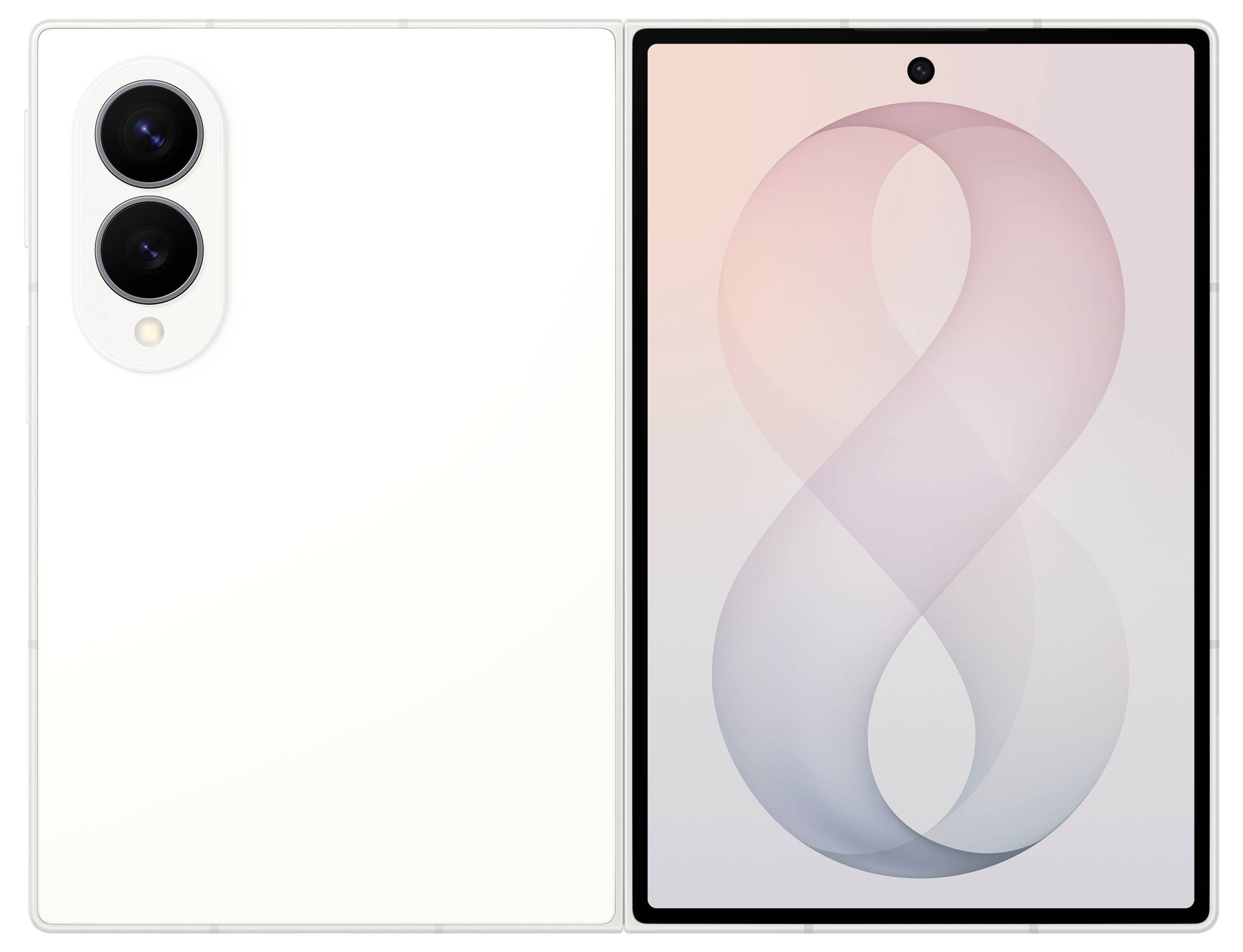 Weiße Tablet von vorne und hinten gezeigt; die Rückseite hat dual vertikal angeordnete Kameras, die Vorderseite zeigt ein rosa-zu-blau abstraktes Achterfigur-Hintergrundbild mit zentrierter Lochkamera.