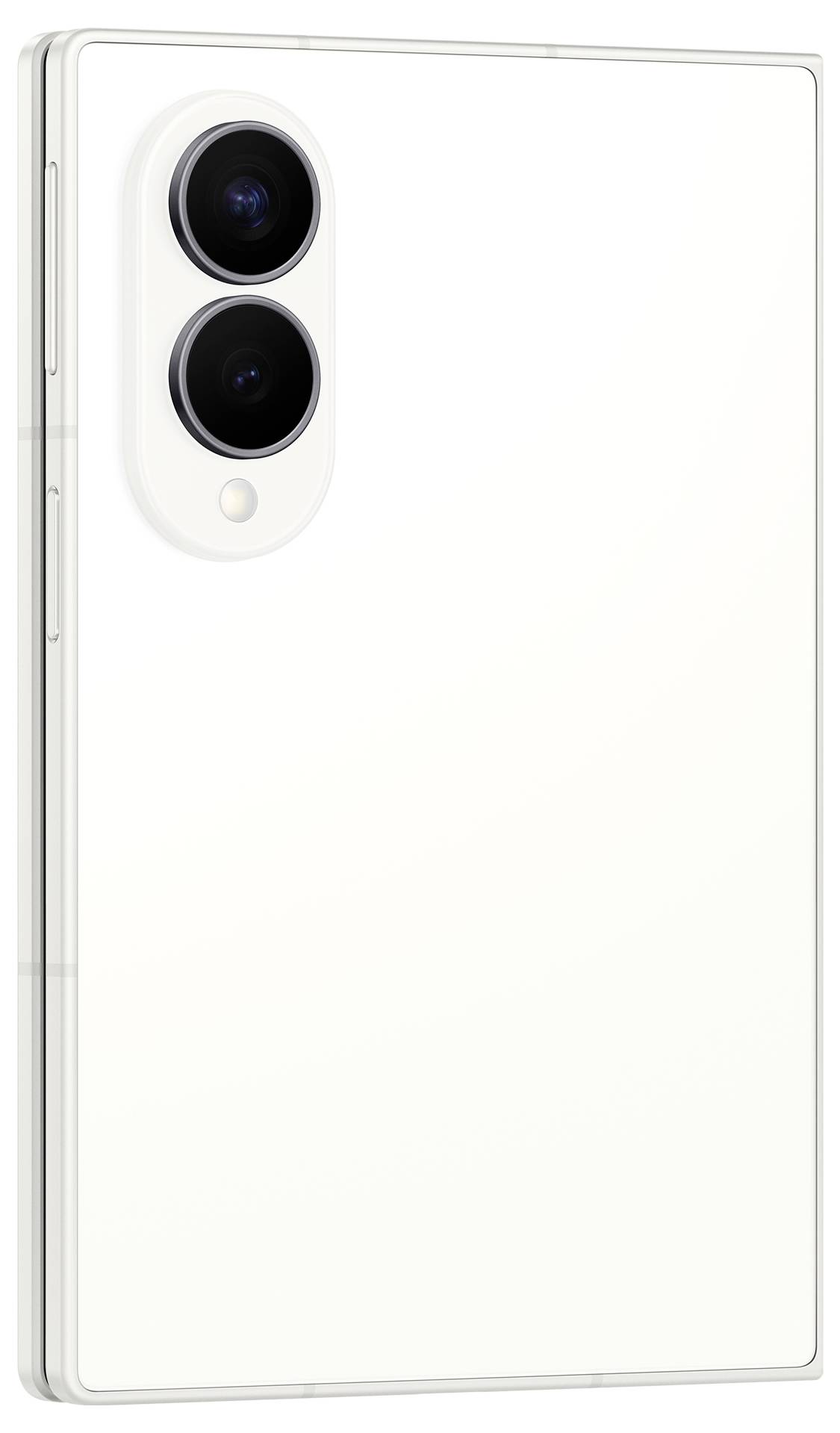 Rückansicht eines weißen Smartphones mit dualen Rückkameras in einem vertikalen Modul und einem kleinen Blitz.