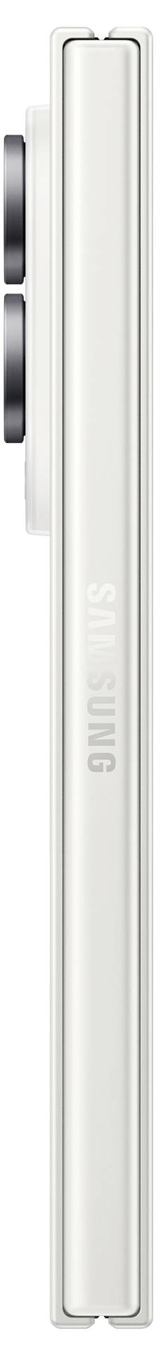 Nahaufnahme der Seitenansicht eines weißen Samsung-Smartphones mit dünner Metallkante, Seitenschaltern und schwacher SAMSUNG-Beschriftung.