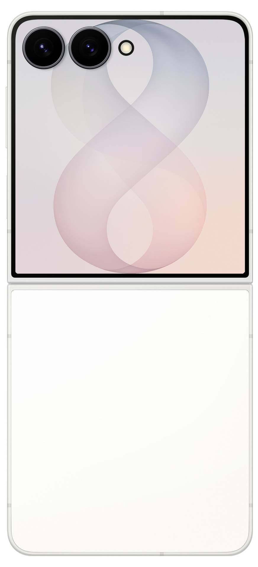 Faltbares Smartphone, geöffnet angezeigt, mit pastellfarbenem abstraktem Cover-Display, dualen hinteren Kameras und großem leerem innerem Bildschirm unter dem Scharnier.