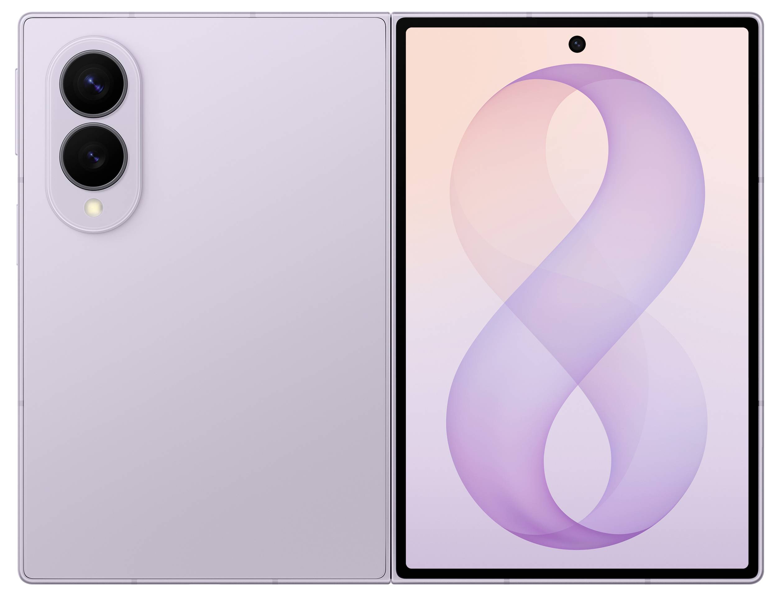 Vorder- und Rückansicht eines lavendelfarbenen Samsung Galaxy Z Fold-artigen Falthandys, aufgeklappt mit großem innerem Bildschirm, der eine pastellfarbene „8"-Tapete zeigt, und Dual-Rückkameras.