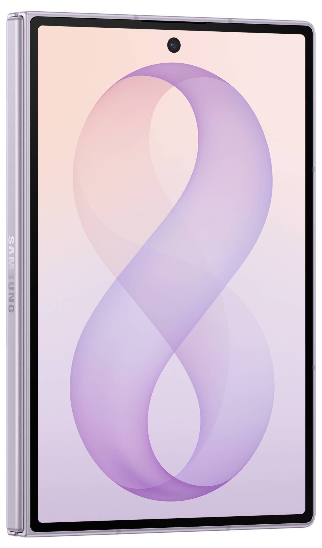 Samsung-Tablet in Vorder- und Seitenansicht mit pastellrosa-violettem Bildschirm, der ein großes Ziffern-8-Hintergrundbild anzeigt, und zentriertem frontseitigem Kamera-Lochstanzer.