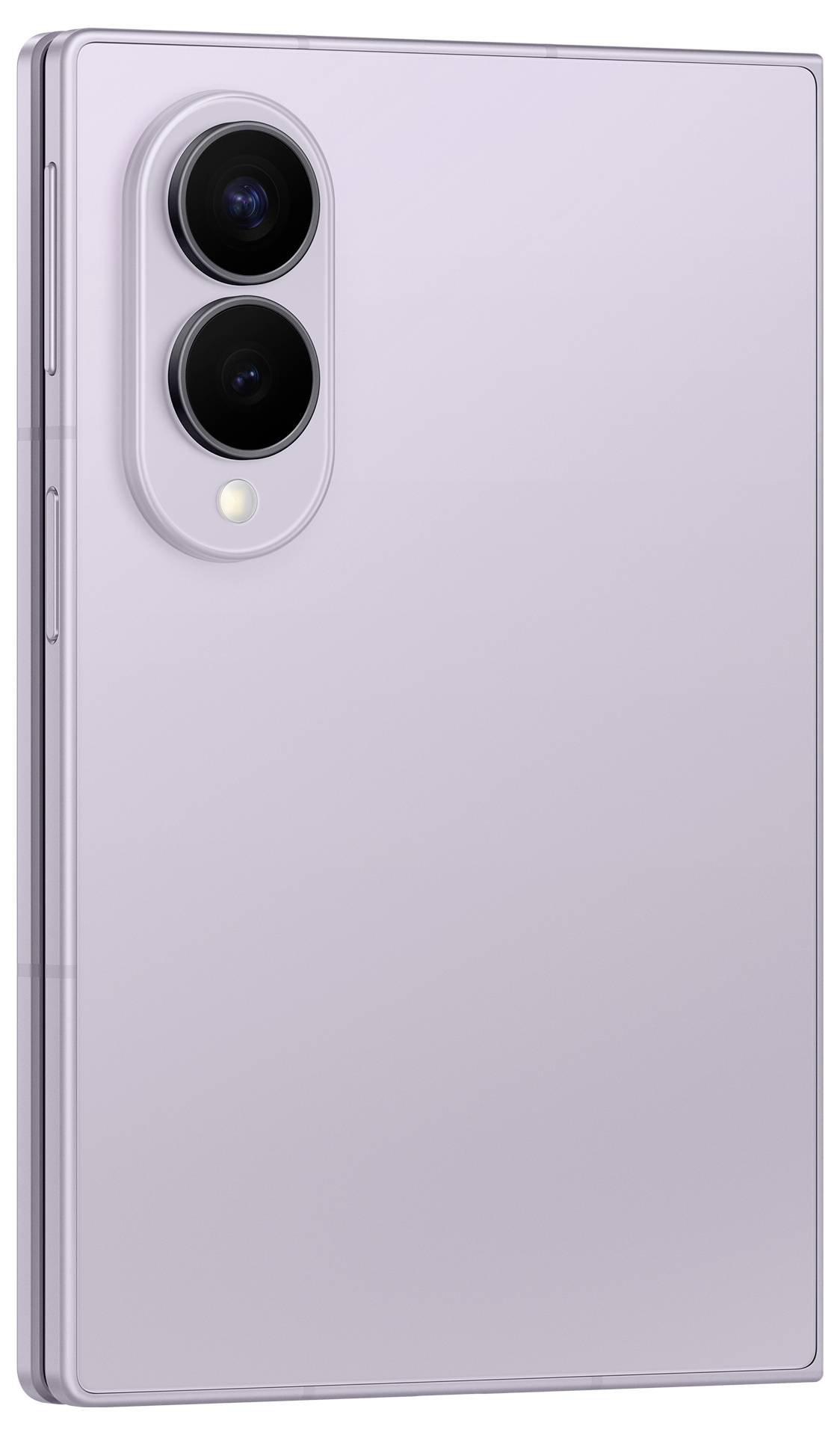 Rückseite eines lavanderfarbenen Smartphones mit zwei großen vertikal ausgerichteten hinteren Kameras und einem kleinen Blitz in der oberen linken Ecke.