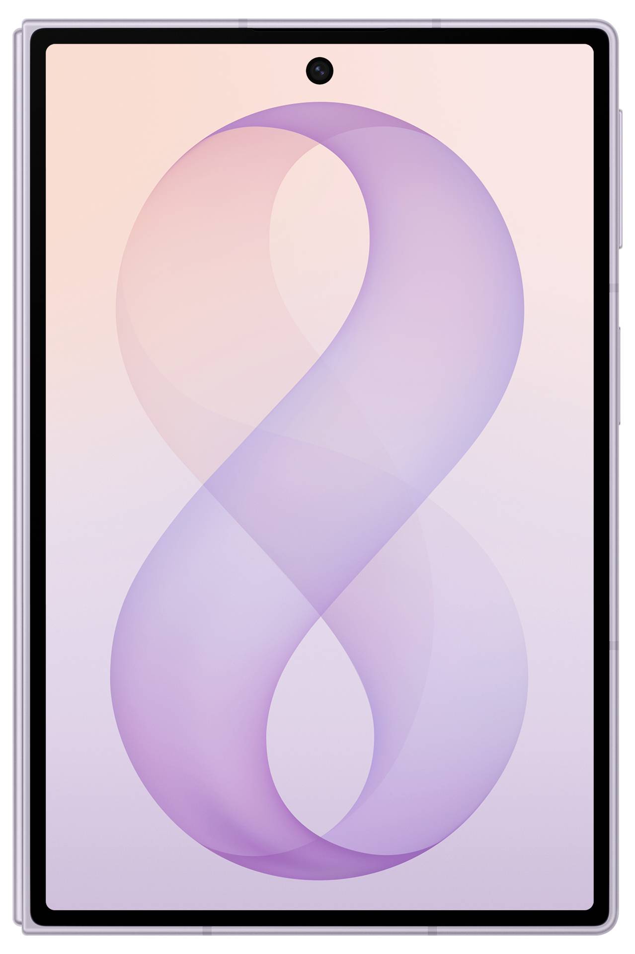Frontansicht eines Tablets mit einer pastellrosa-violetten abstrakten Bandtapete und einer zentrierten Frontkamera-Aussparung.