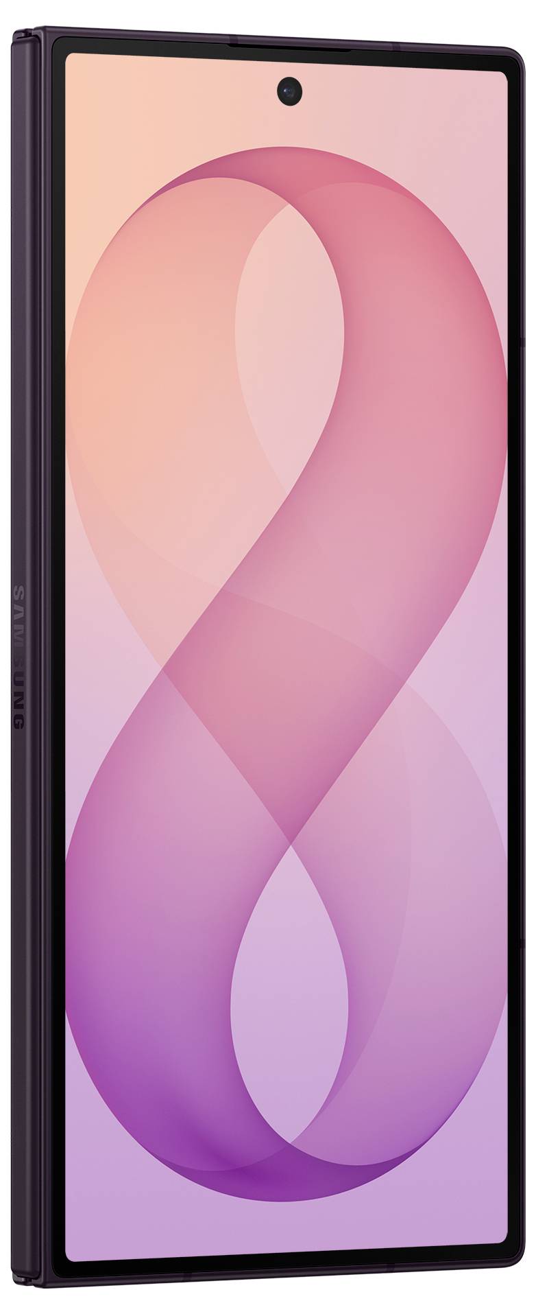 Vorderansicht eines rosa und lila faltbaren Smartphones mit eingeschaltetem Bildschirm, teilweise offen in einem schlanken schwarzen Rahmen angezeigt.