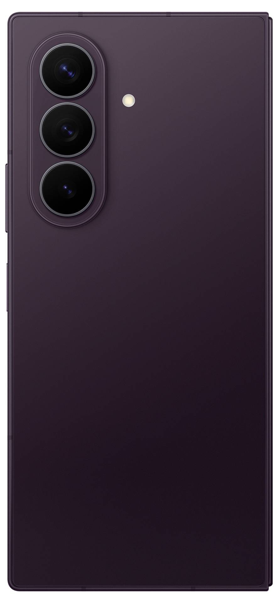 Rückseite eines dunkelvioletten Smartphones mit einem vertikalen Dreifach-Kameramodul und LED-Blitz in der Nähe der oberen linken Ecke.