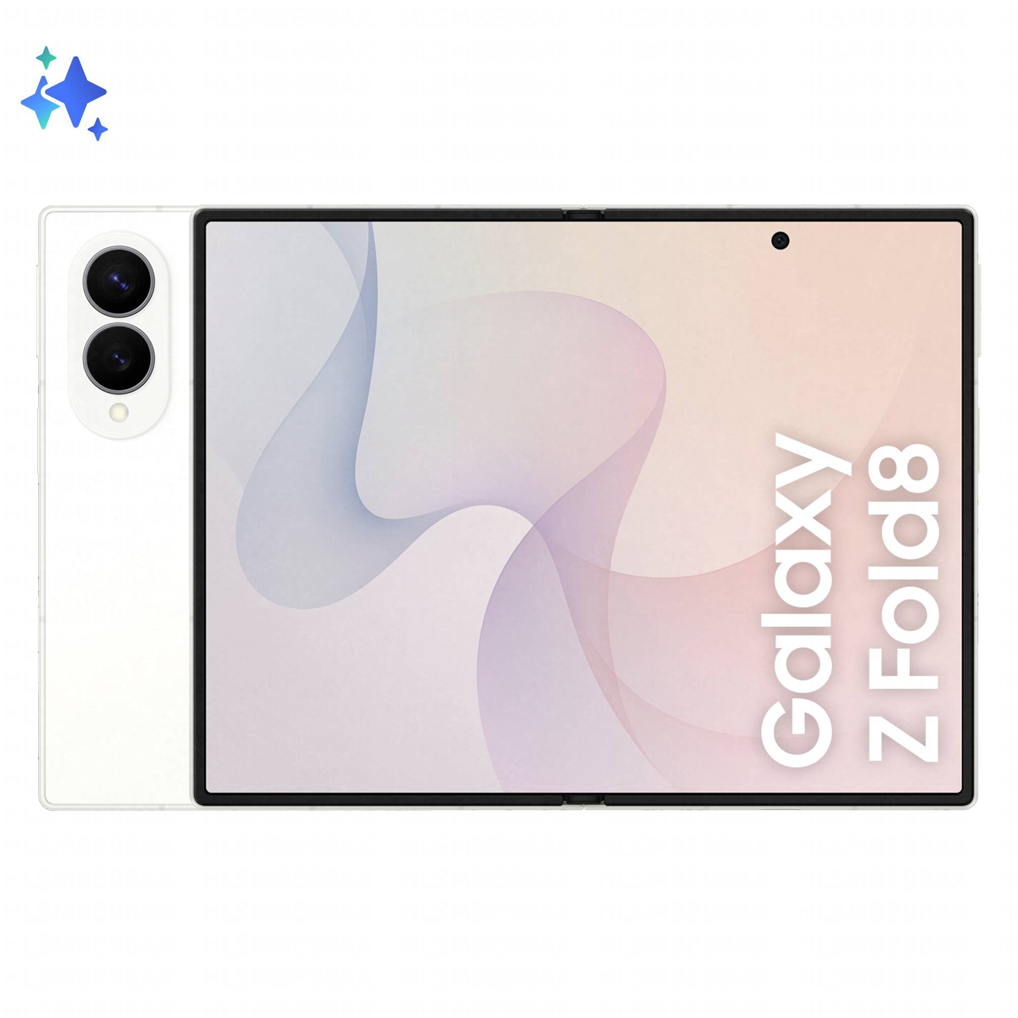 Samsung Galaxy Z Fold8 Smartphone geöffnet dargestellt, mit großem faltbarem Display, pastellfarbenem abstraktem Hintergrundbild und dualen Rückkameras auf weißem Rücken.