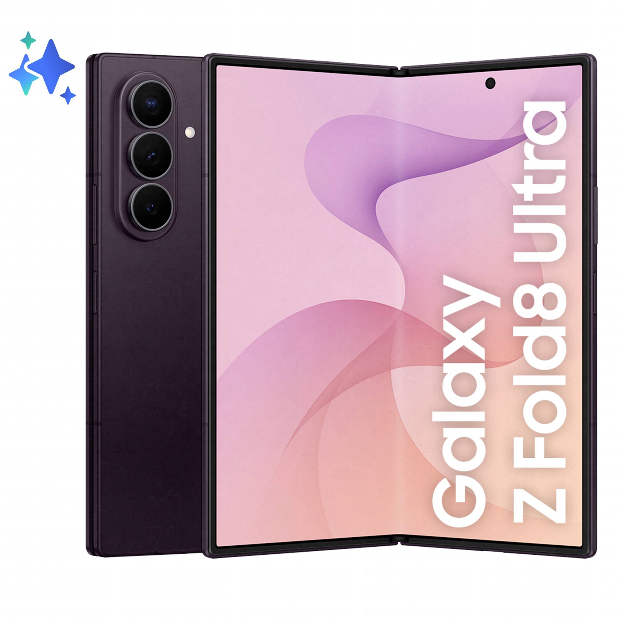 Samsung Galaxy Z Fold6 Ultra Faltbares Smartphone, offen und geschlossen gezeigt, mit dreifacher Rückkamera und rosa Farbverlauf-Display.