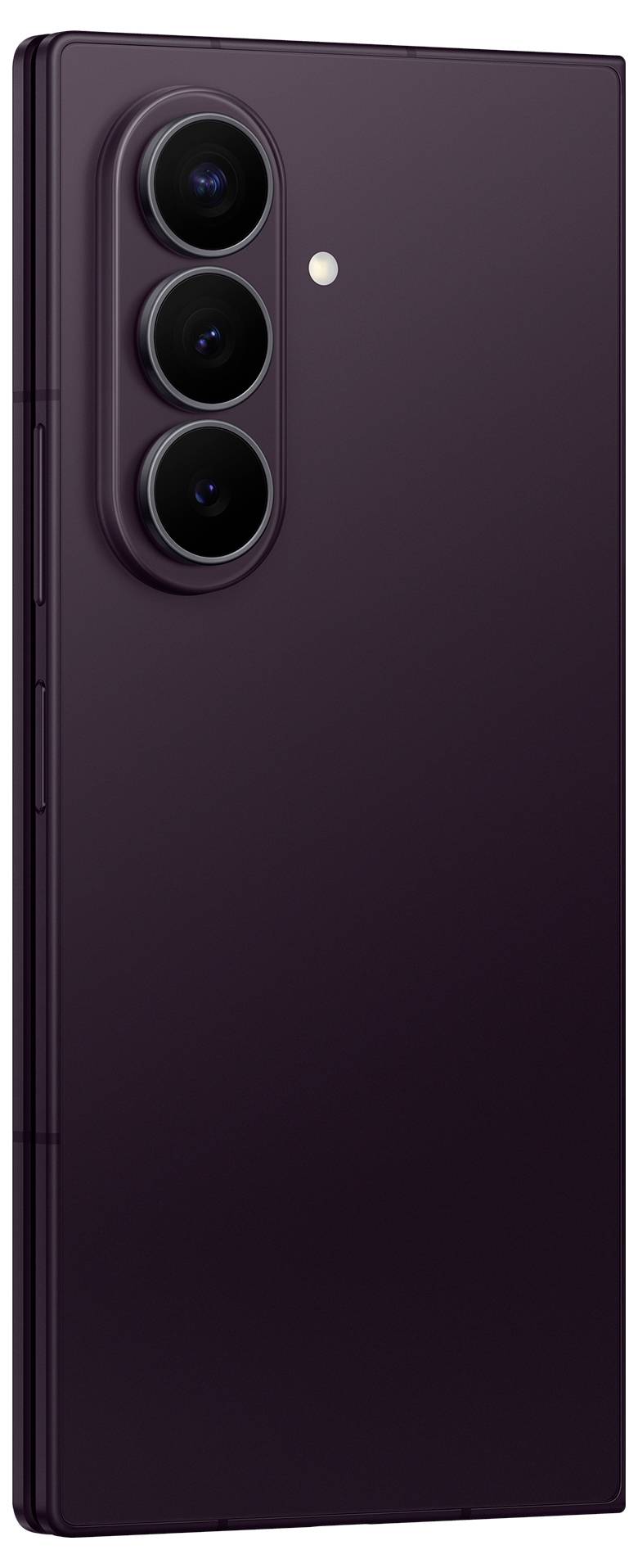 Rückansicht eines dunkelvioletten Smartphones mit drei vertikal angeordneten Rückkameras und einem kleinen Blitz.