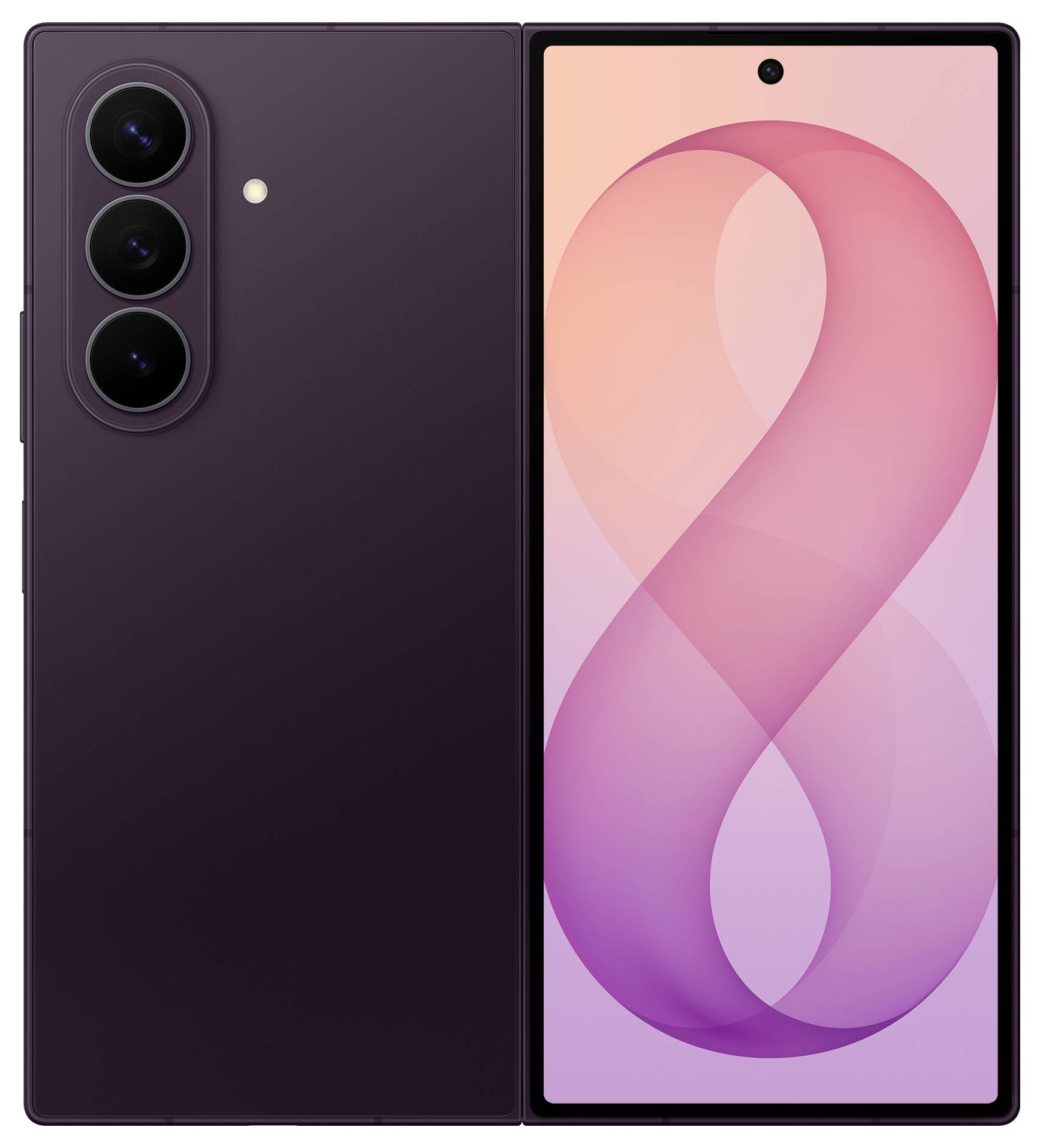 Vorder- und Rückseite eines dunkelvioletten Samsung-Smartphones mit dreifacher Rückfahrtkamera und einem rosa abstrakten Hintergrundbild auf dem Display.