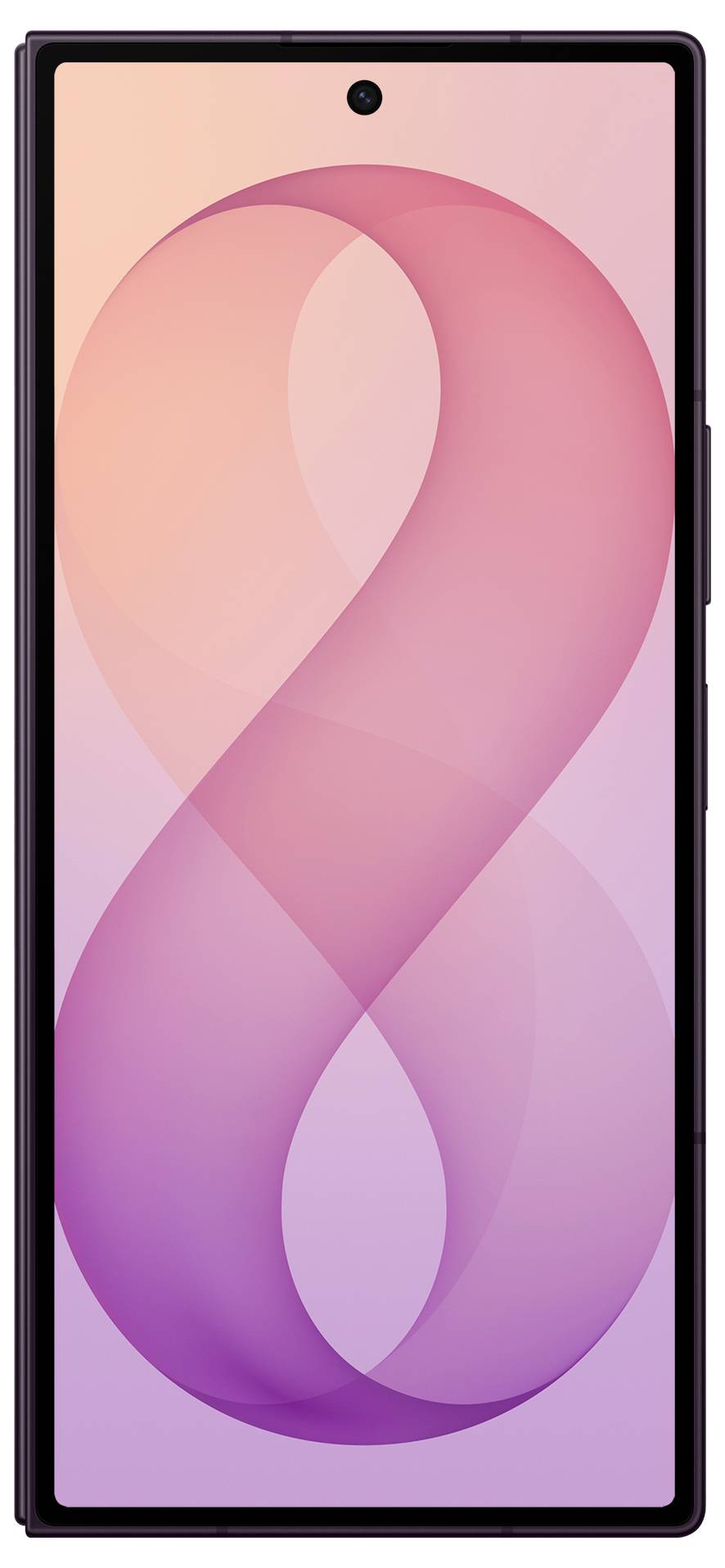 Frontansicht eines Smartphones mit einem rosa und violetten abstrakten Zahlenwallpaper mit einer zentrierten Lochkamera.