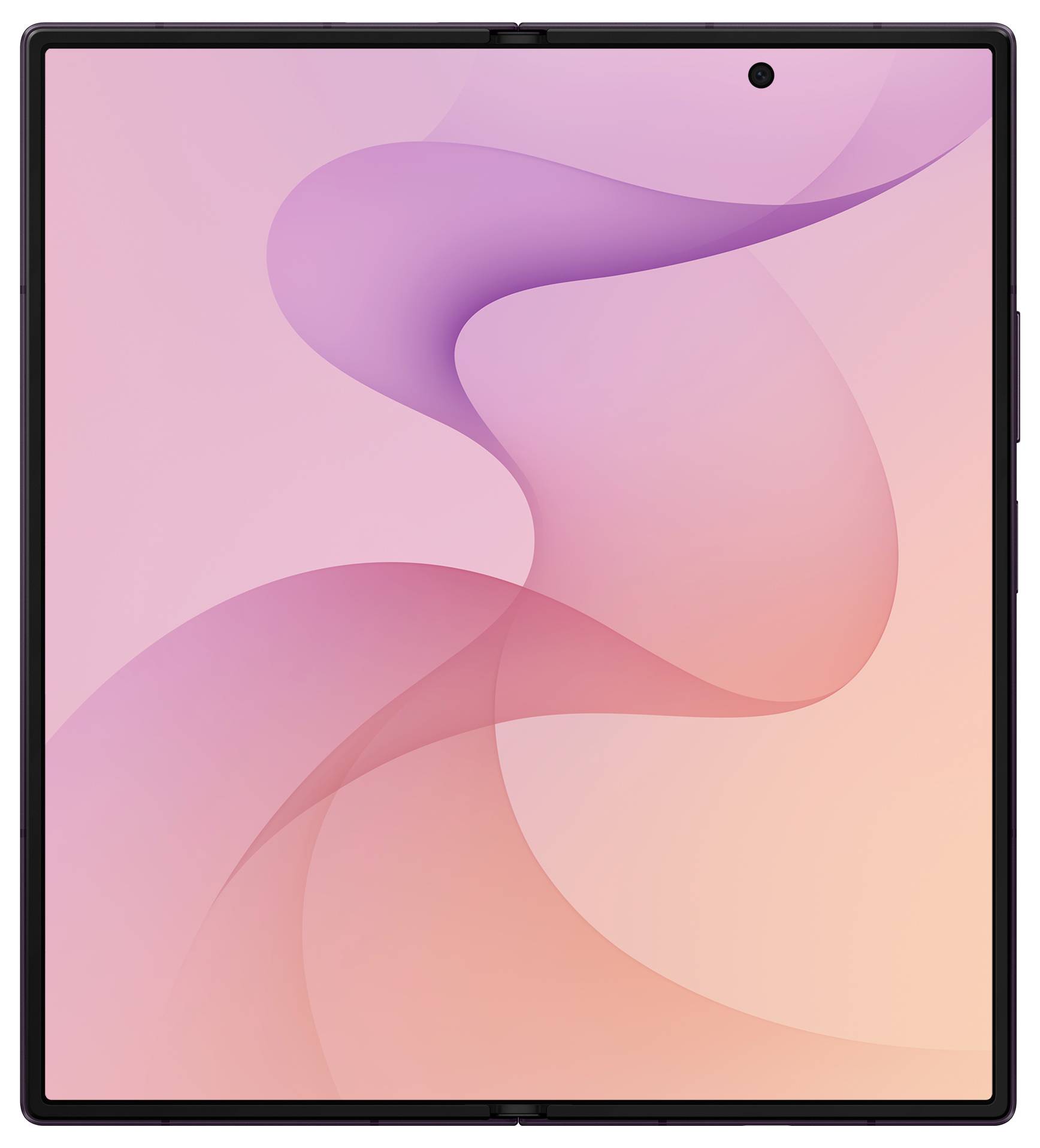 Vorderansicht eines faltbaren Smartphones/Tablets mit rosa abstraktem Hintergrund und zentralisierter Lochkamera.