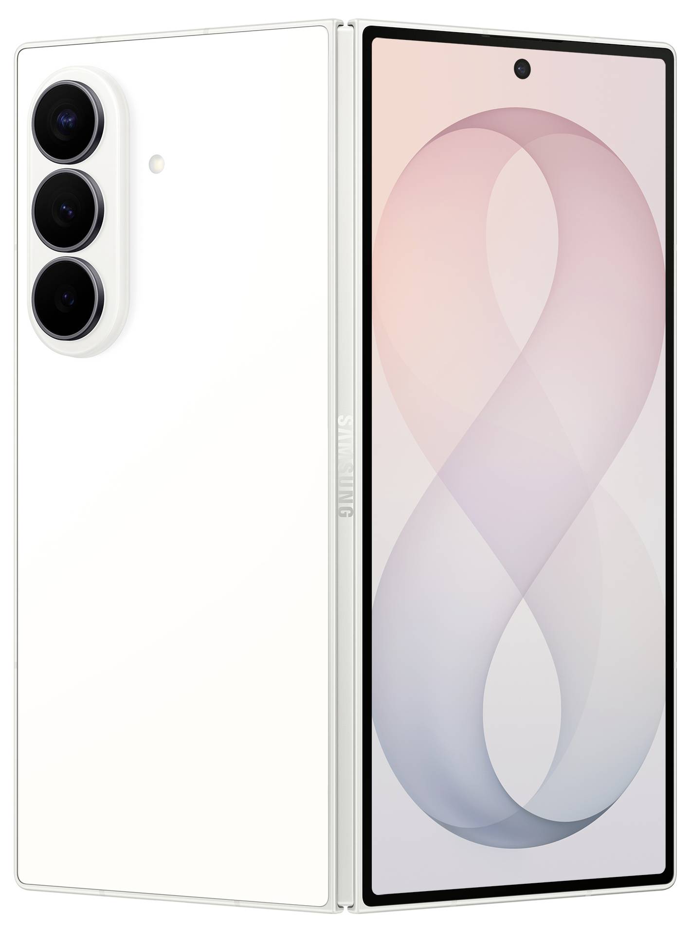Ein weißes Samsung Galaxy Z Fold Smartphone, das geöffnet angezeigt wird, mit einer dreifachen rückwärtigen Kamera auf dem linken Panel und einem pastellfarbenen abstrakten Hintergrundbild auf dem faltbaren Display.