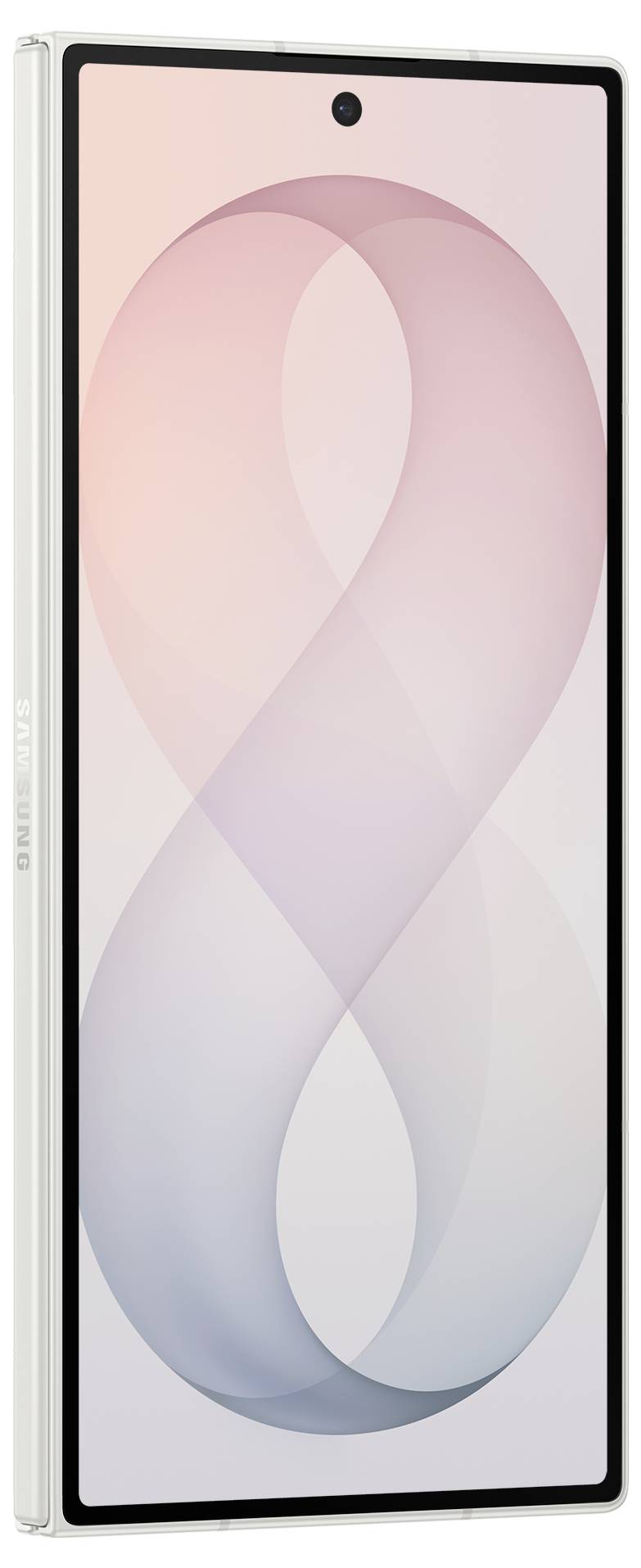 Vorderansicht eines weißen Samsung-Smartphones mit einem rosa-blauen abstrakten Hintergrund und zentrierter Lochkamera auf der Vorderseite.