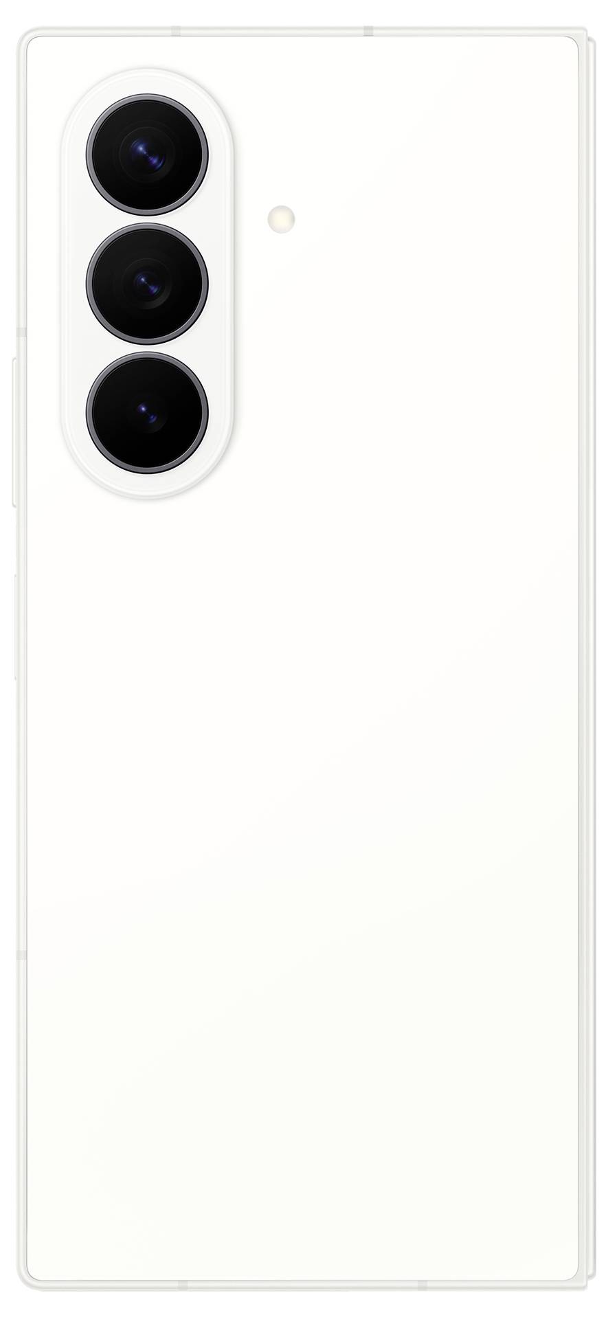 Rückansicht eines weißen Smartphones mit drei vertikal ausgerichteten Kameraobjektiven in einem erhöhten Modul oben links.