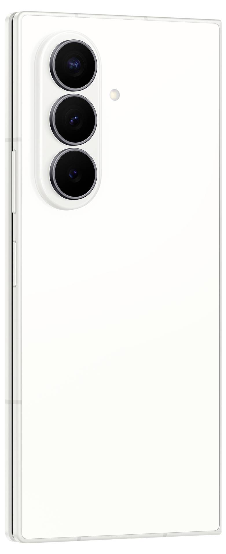 Rückseite eines weißen Samsung-ähnlichen Smartphones mit drei vertikal ausgerichteten hinteren Kameras und einem kleinen Blitz.