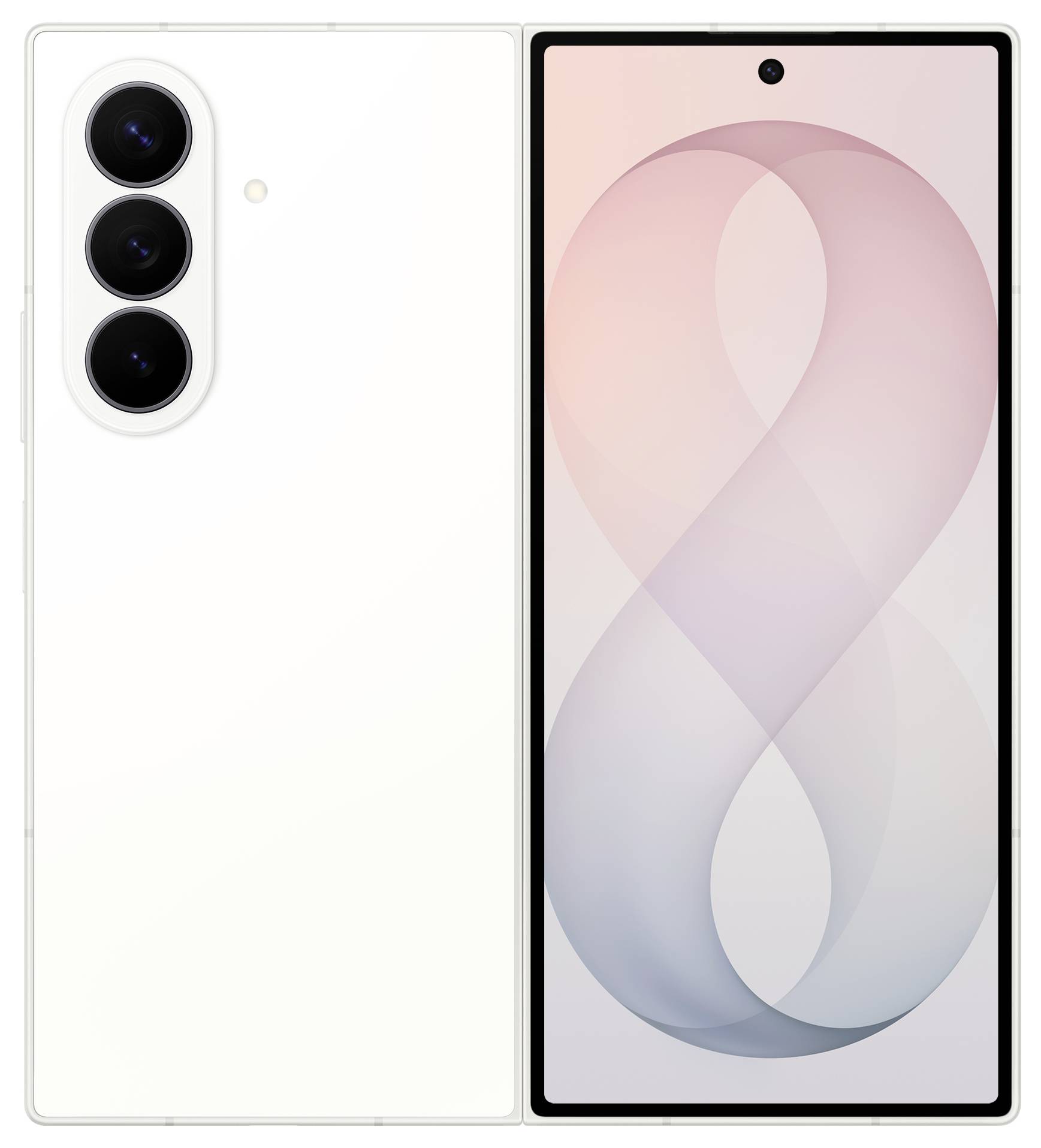 Weißes Smartphone von vorne und hinten gezeigt, mit dreifacher Rückkamera und einem rosa-blauen abstrakten Hintergrundbild auf dem Display.