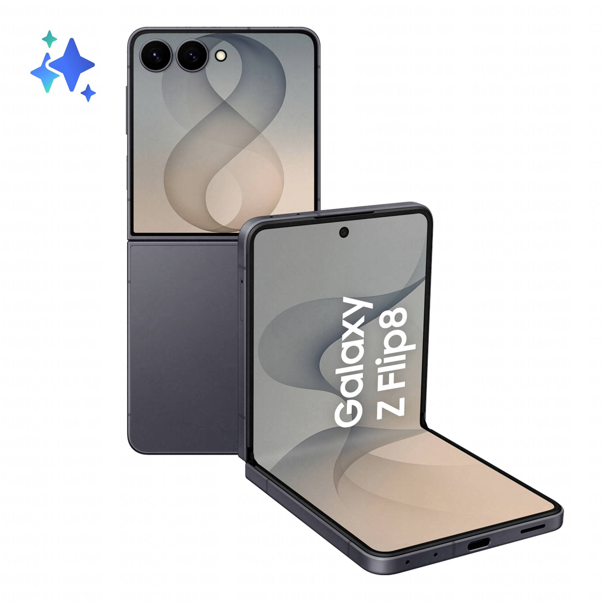 Zwei Samsung Galaxy Z Flip8 Falt-Smartphones werden geöffnet angezeigt, eines aufrecht und eines teilweise gefaltet, auf weißem Hintergrund mit kleinen Glitzer-Symbolen.