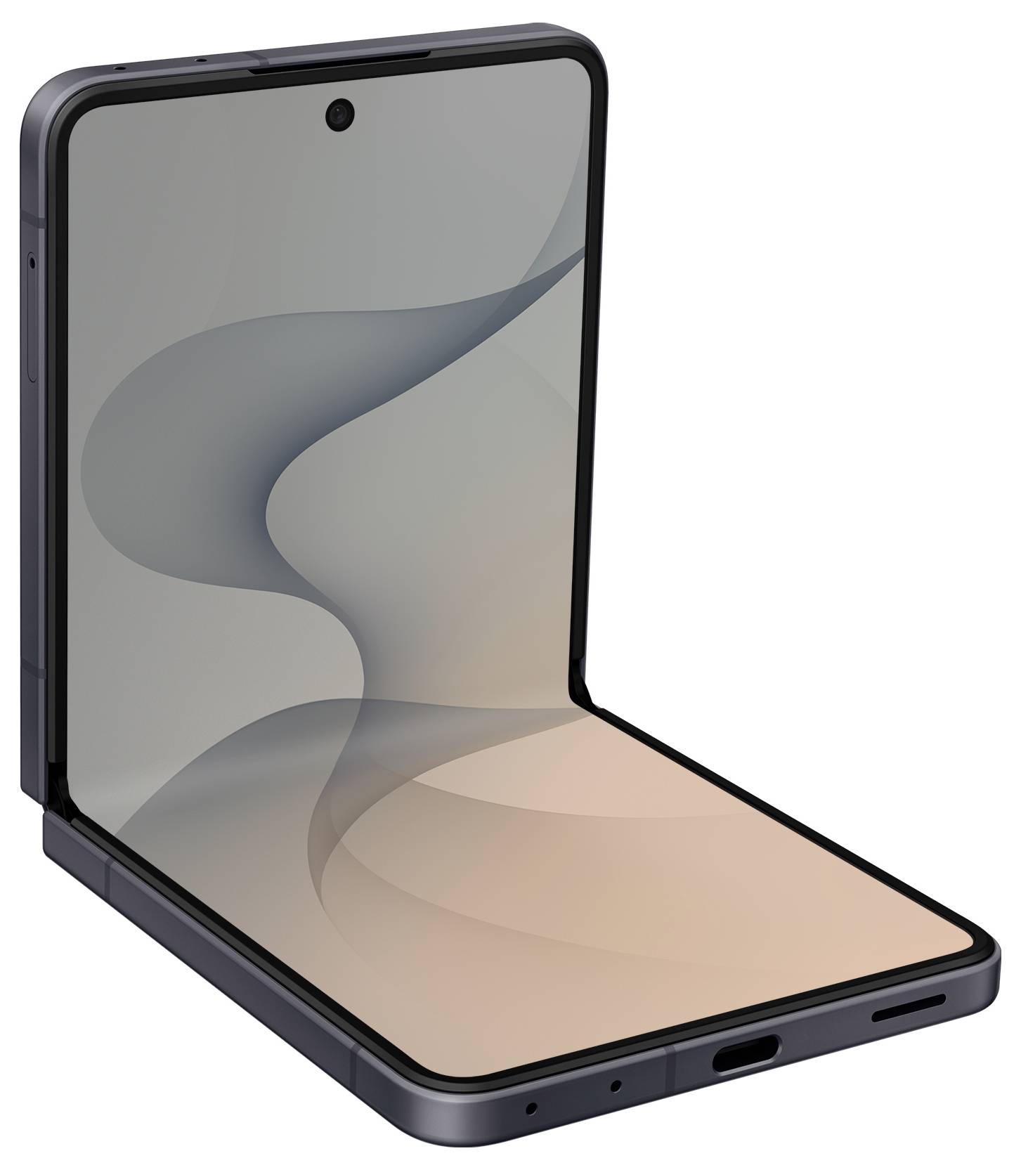 Ein teilweise gefaltetes faltbares Smartphone zeigt einen leeren abstrakten Hintergrund auf weißem Hintergrund.