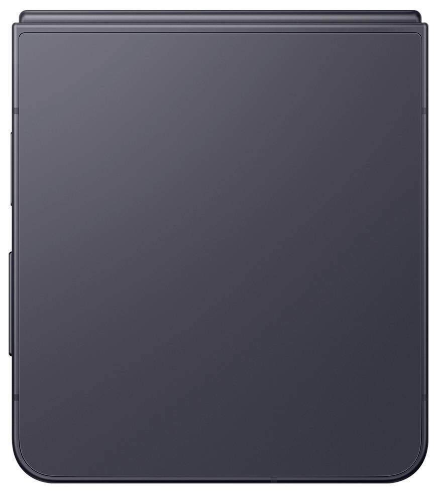Geschlossenes dunkelgraues elektronisches Gerät oder Tablet-Hülle, in der Frontansicht mit abgerundeten Ecken und Seitentasten dargestellt, isoliert auf weißem Hintergrund