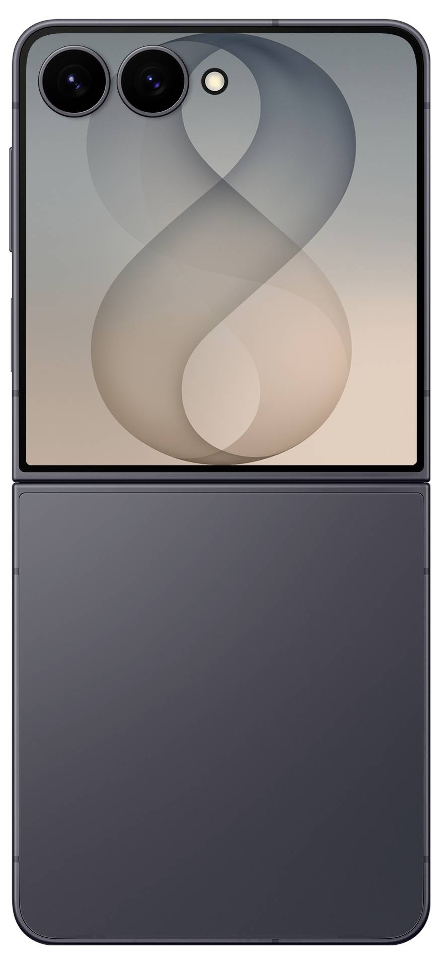 Zusammenklappbares Smartphone aufgeklappt gezeigt, mit dualen Rückfahrkameras, einem Blitz und einem großen äußeren Display, das in der oberen Hälfte angezeigt wird.