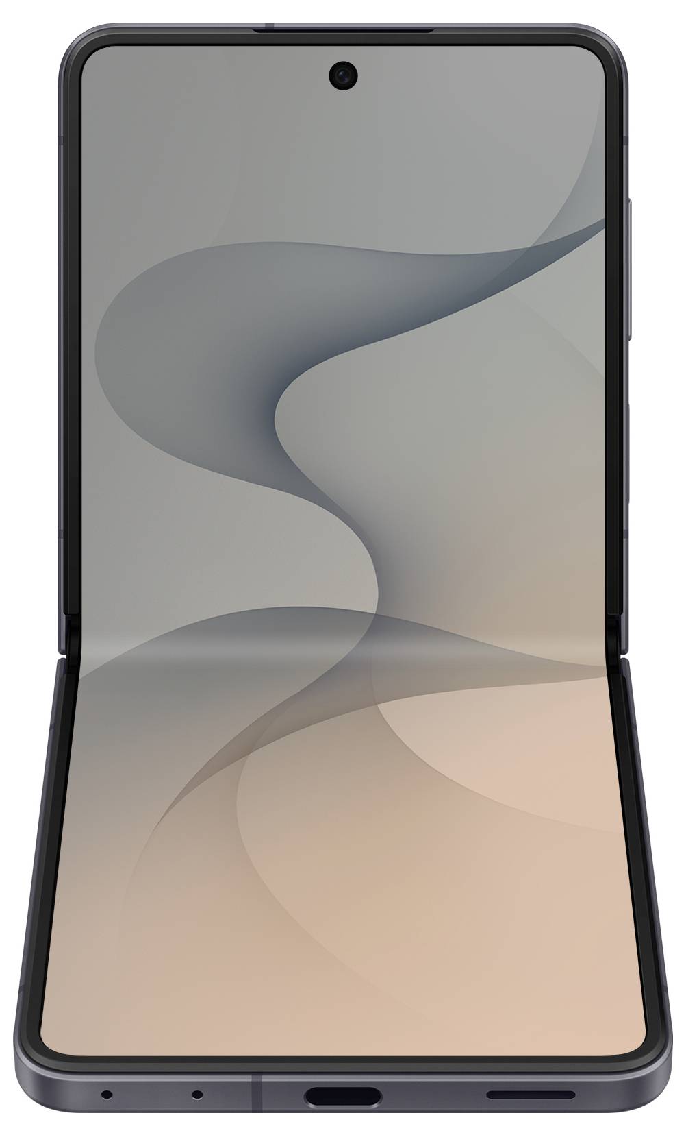 Aufgeklapptes faltbares Smartphone von vorne gezeigt, mit abstraktem grauem und pfirsichfarbenem Hintergrundbild.