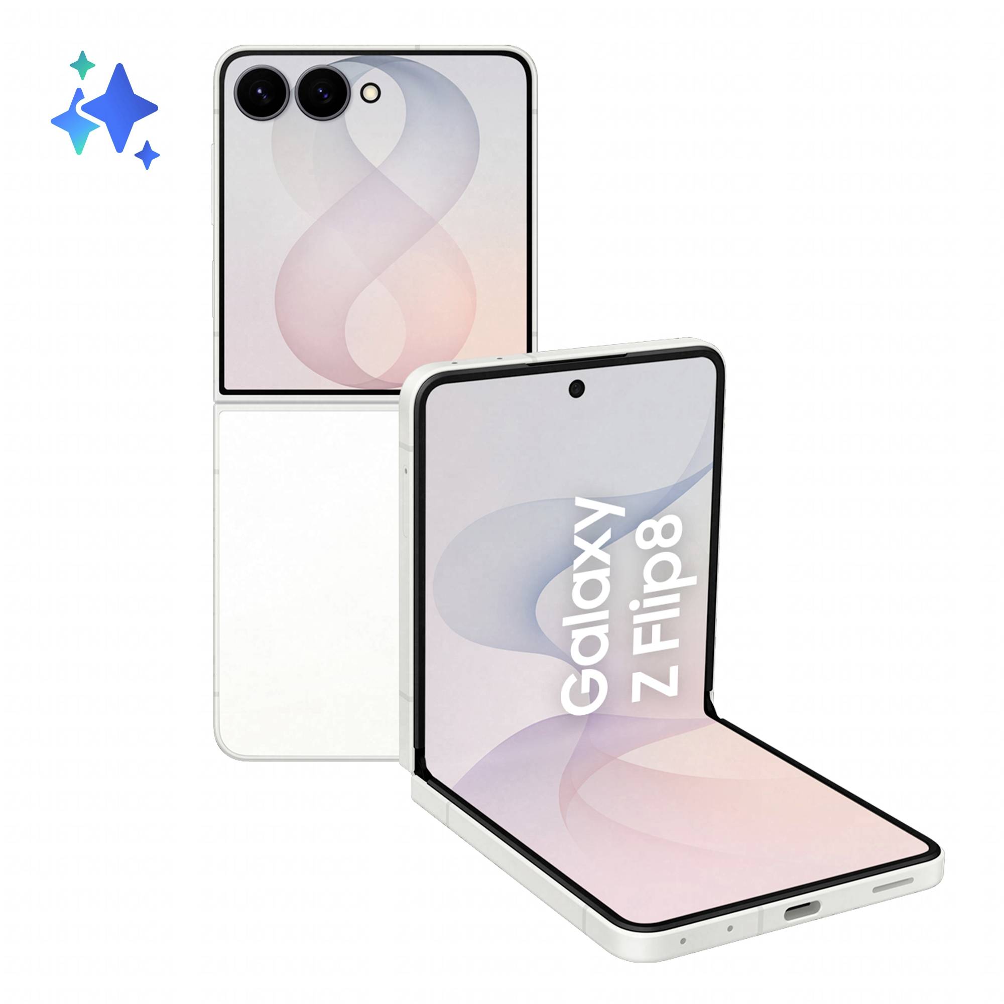 Zwei Samsung Galaxy Z Flip8 Falthandys, die geöffnet und geschlossen gezeigt werden, wobei eines der Frontdisplays „Galaxy Z Flip8