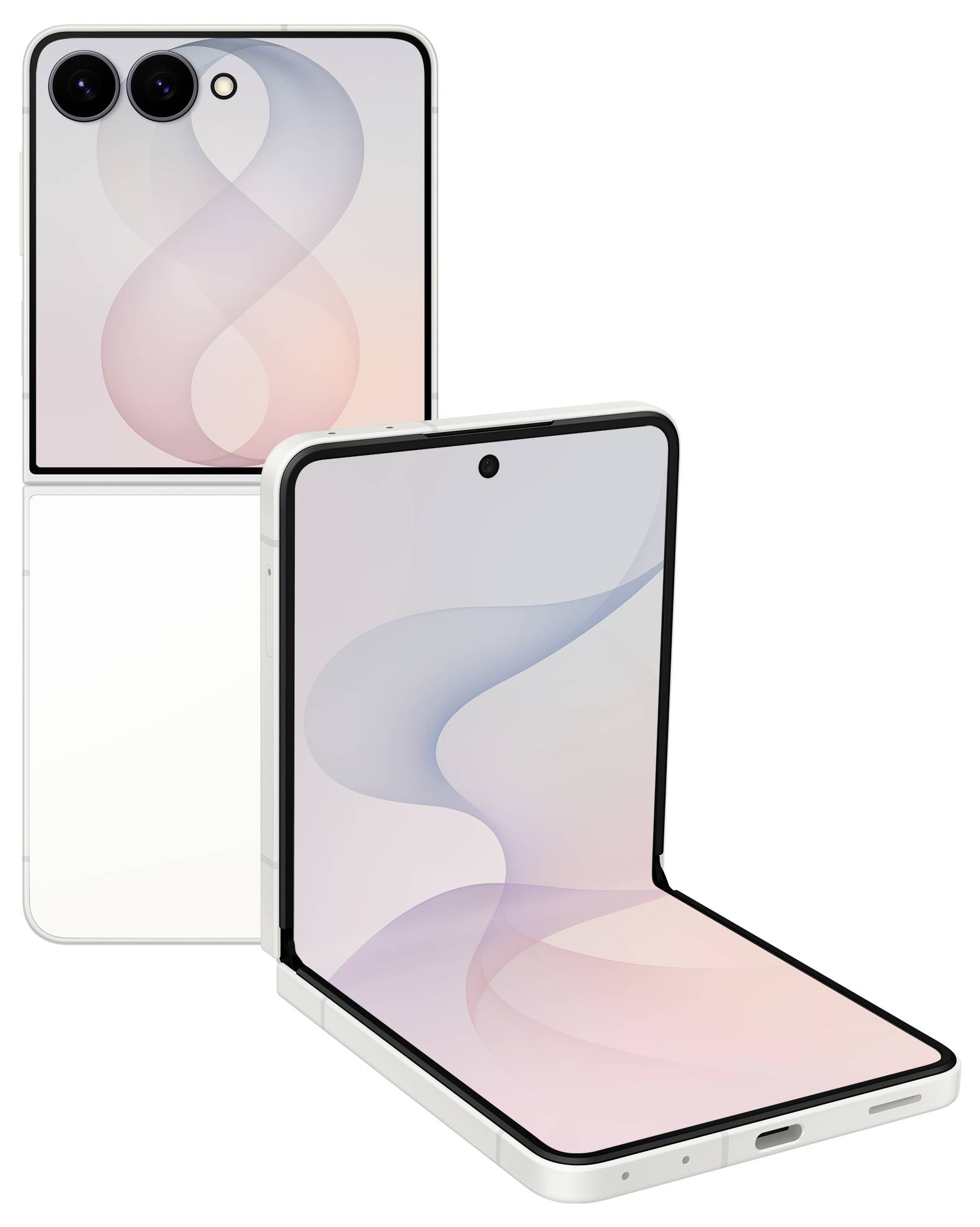 Zwei aufgeklappte Smartphones, geöffnet und geschlossen dargestellt, wobei das Muschel-Design mit Dual-Rückkameras und pastellfarbigen Display-Hintergründen hervorgehoben wird.