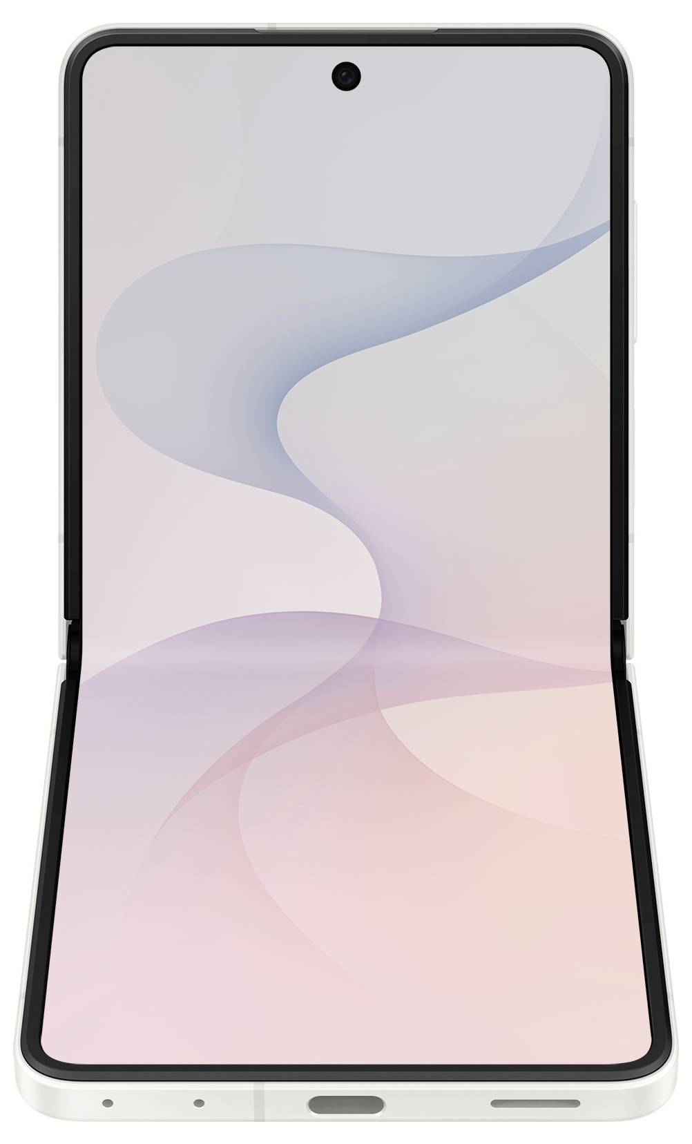 Faltbares Smartphone in geöffneter Portraitausrichtung dargestellt, zeigt eine pastellfarbene abstrakte Hintergrundtapete und ein zentriertes Frontkamera-Loch-Punch-Design.