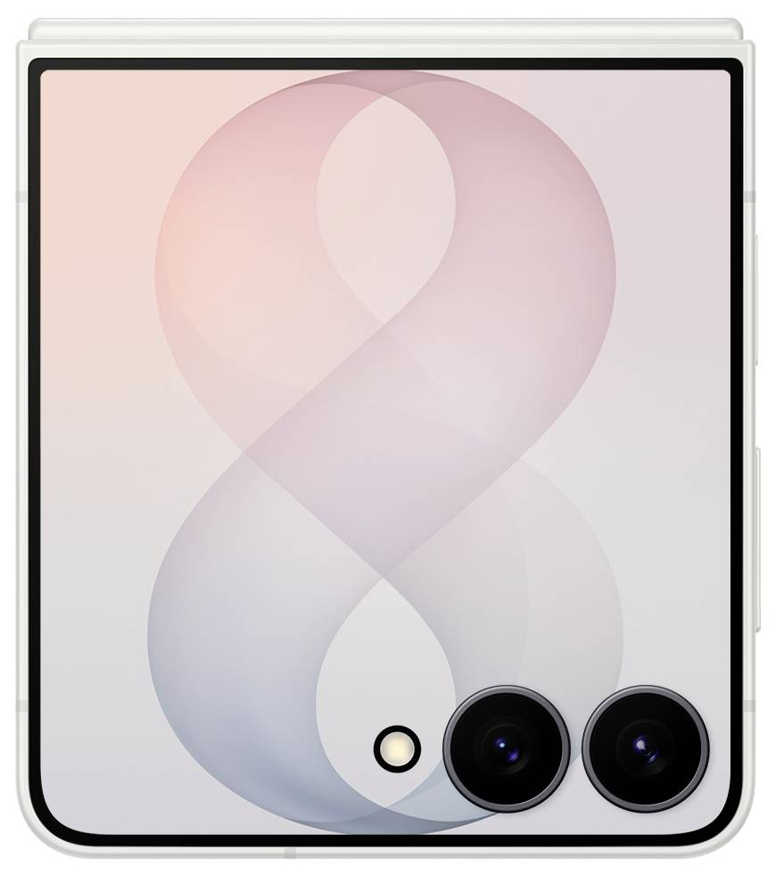 Faltbares Smartphone, geschlossen gezeigt, mit pastellfarbenem abstraktem Hintergrundbild und dualen Rückfahrkameras sowie einem kleinen Blitz auf der Rückseite.