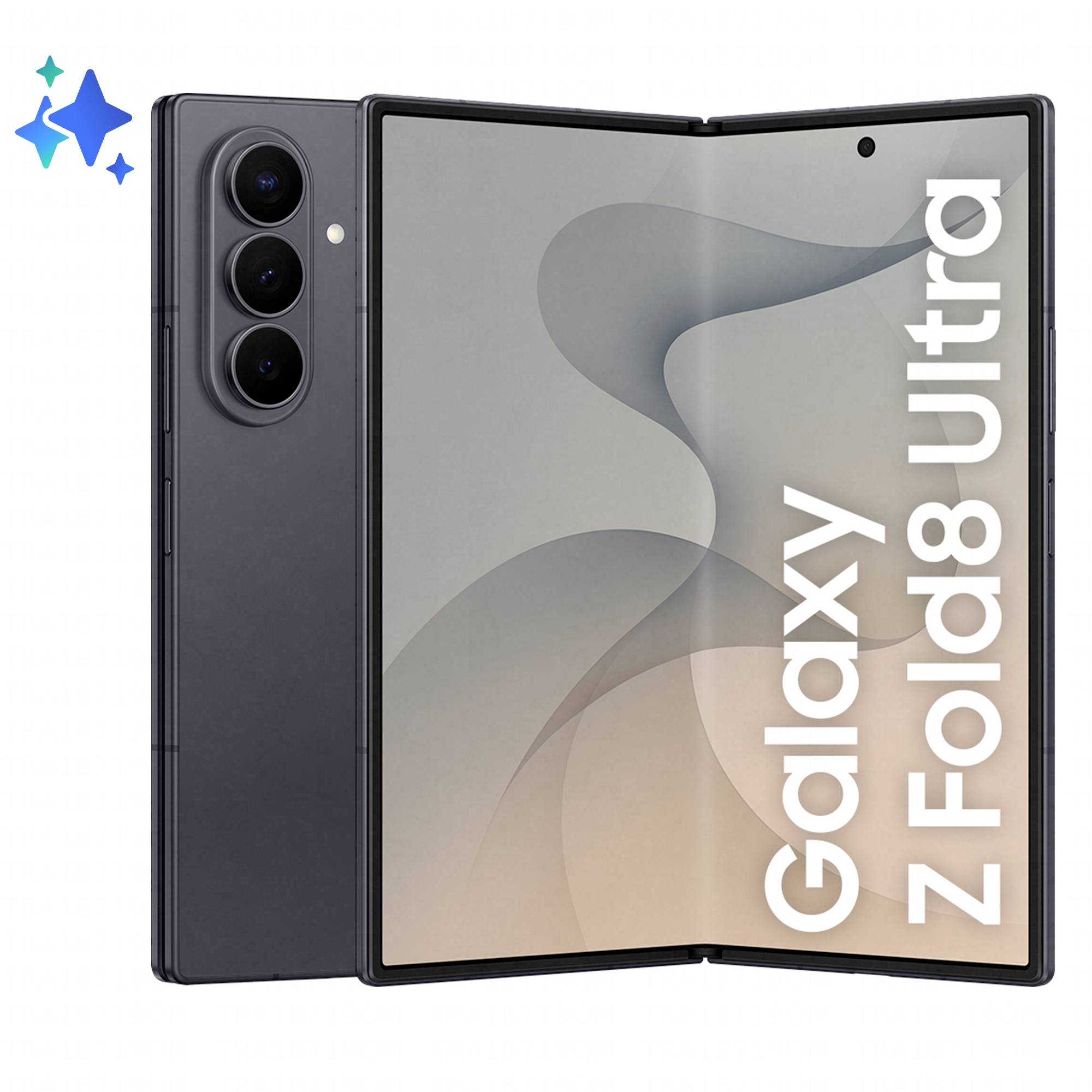 Samsung Galaxy Z Fold8 Ultra Foldable Smartphone offen gezeigt mit Abdeckung und dreifacher Rückfahrtkamera; Produktwerbebild mit Gerätenamen auf dem Bildschirm.