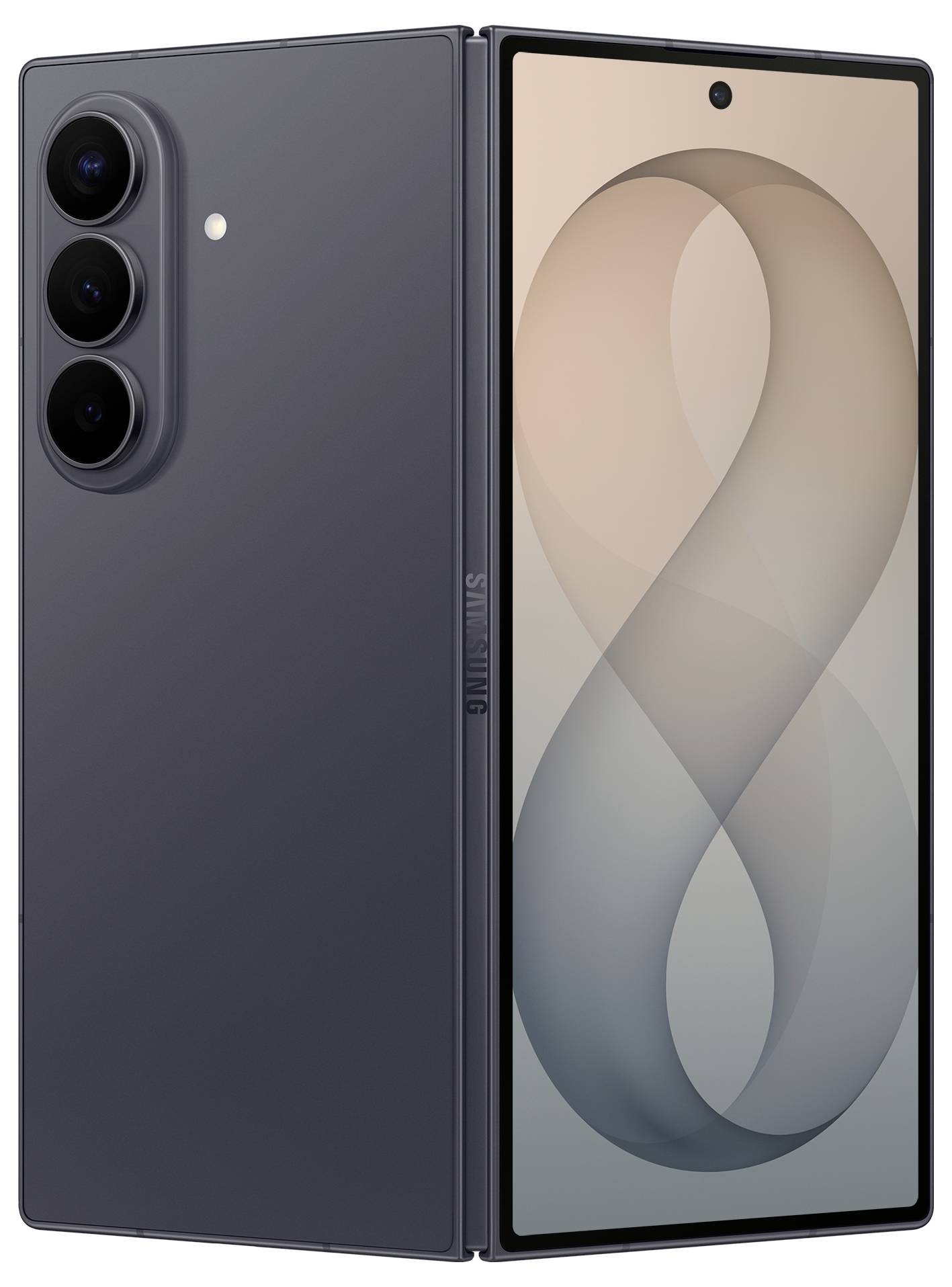 Faltbares Smartphone offen dargestellt, mit dunkelgrauem Rücken und dreifacher Rückfahrtkamera auf der linken Seite und großem inneren Display auf der rechten Seite.