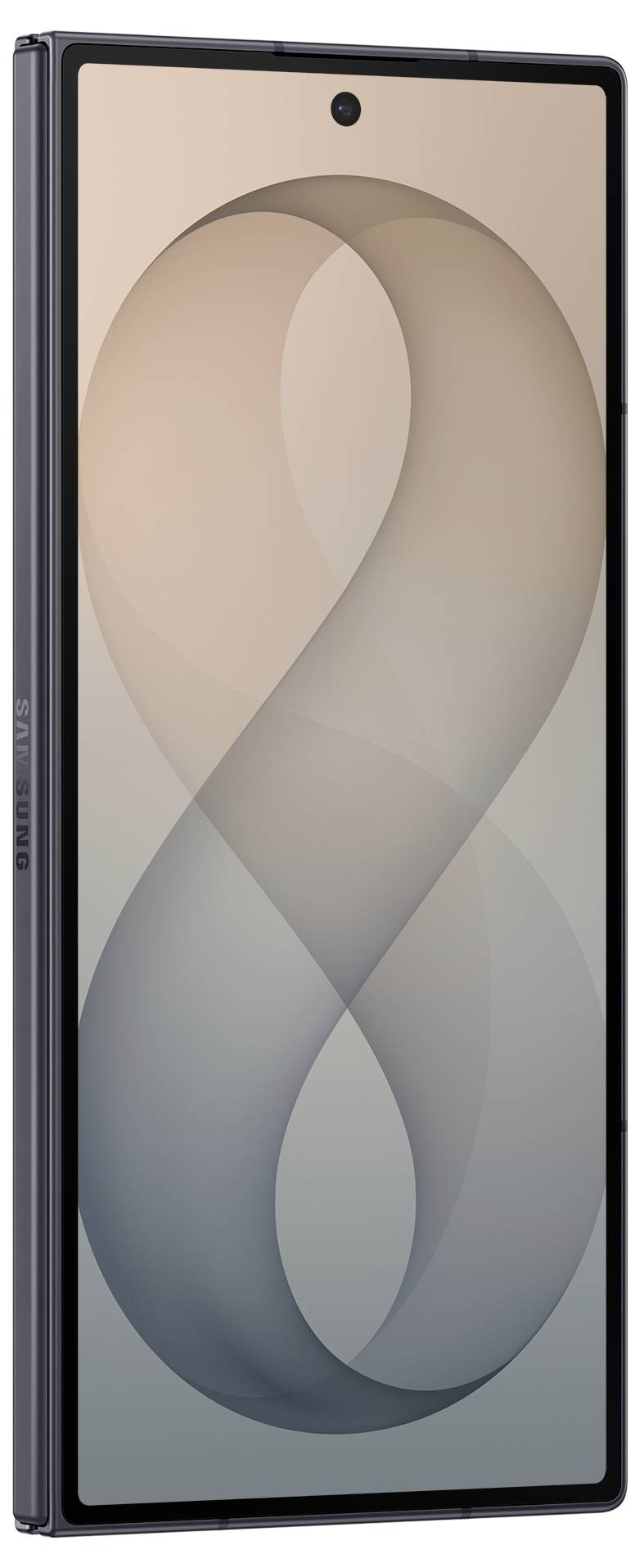 Vorderansicht eines schlanken schwarzen Smartphones mit einem abstrakten beige- und grauen Schleifen-Hintergrundbild auf dem Bildschirm.