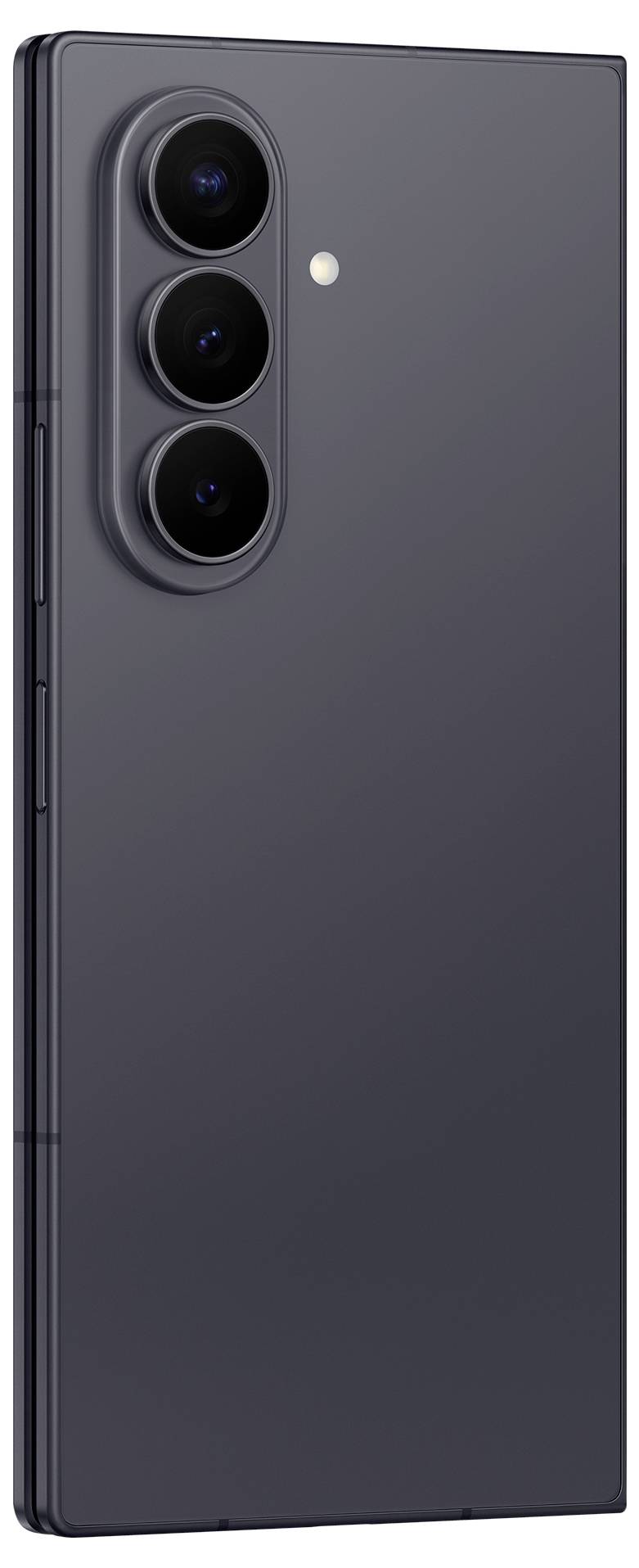 Rückansicht eines dunkelgrauen Smartphones mit drei vertikal angeordneten Kameraobjektiven und einem Blitz auf der Rückseite.