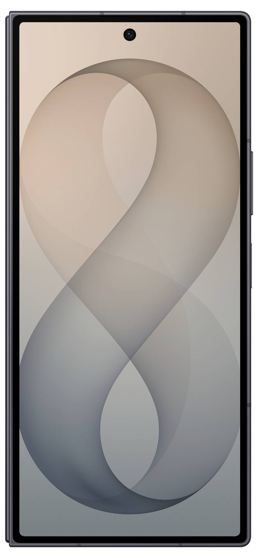 Vorderansicht eines Smartphones mit schwarzem Rahmen und zentrierter Lochkamera-Aussparung, das eine weiche abstrakte beige und grau gestreifte Tapete anzeigt.
