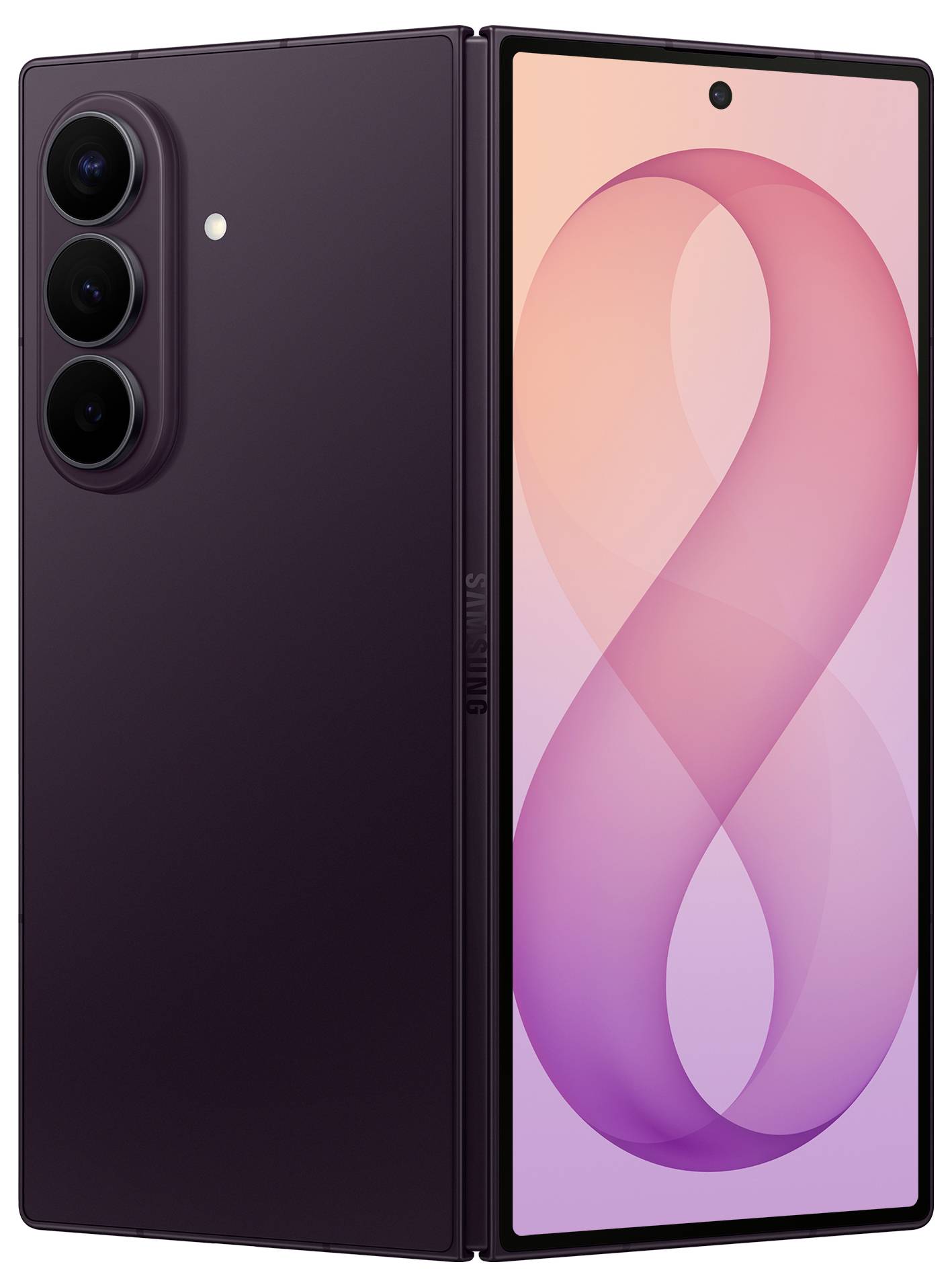 Violettes Samsung-Faltsmartphone geöffnet dargestellt, mit dreifacher Rückkamera und rosa Infinity-Stil-Hintergrundbild auf dem Hauptdisplay.