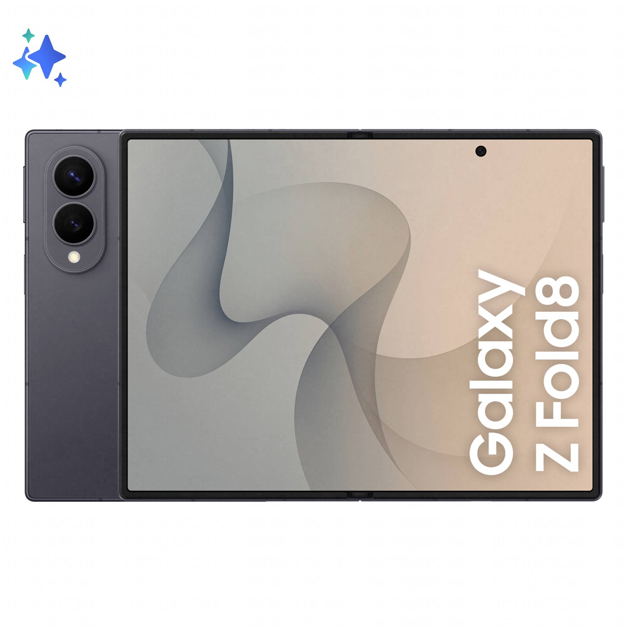 Samsung Galaxy Z Fold8 Faltsmartphone geöffnet gezeigt, mit großem inneren Display und vertikalem 'Galaxy Z Fold8' Text auf dem Bildschirm.