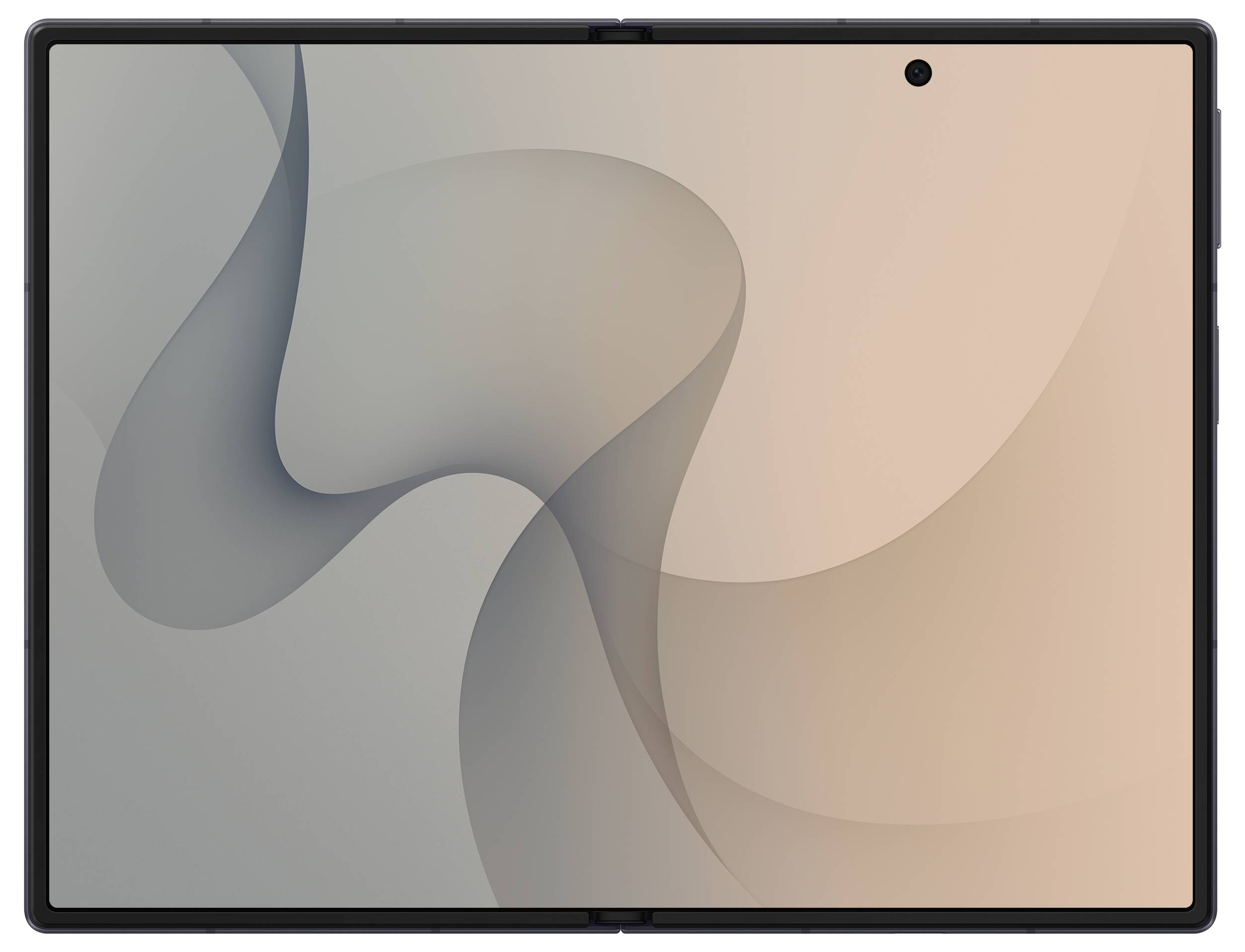 Vorderansicht eines Tablets mit abstrakt gestaltetem, leerem Hintergrund in Grau- und Pfirsichtönen und einer zentriert angebrachten Lochkamera oben.