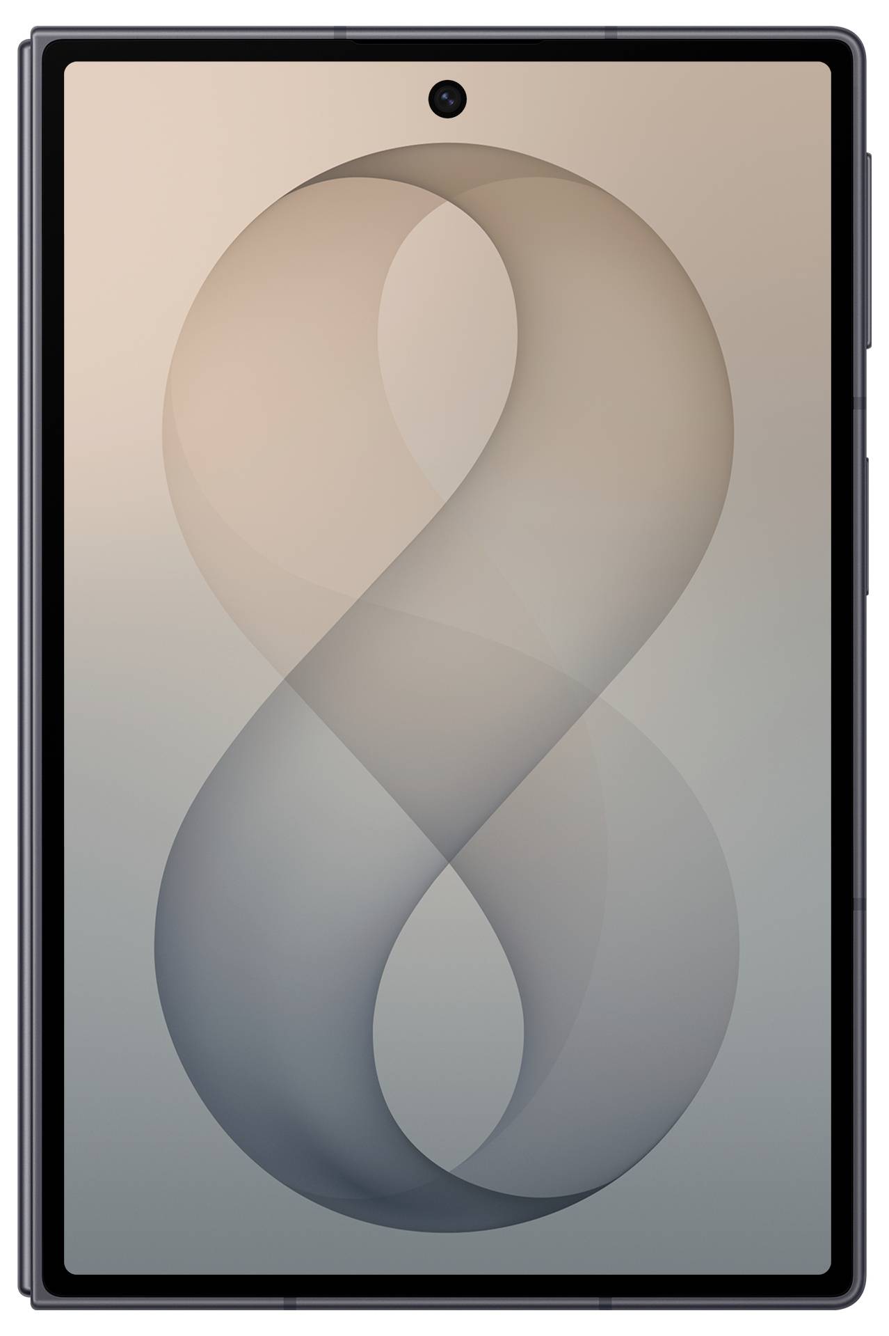Ein Tablet-Gerät mit einer zentrierten Frontkamera zeigt ein abstraktes beige- und graugraues Schleifentapete auf dem Bildschirm an.