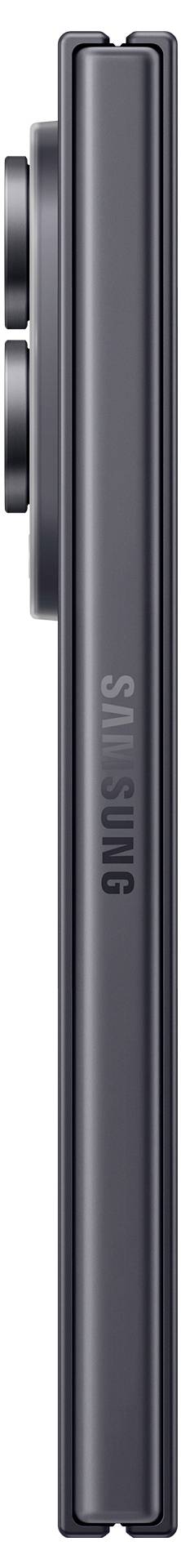 Seitenansicht eines schlanken schwarzen Samsung-Telefons mit erhabener Kameraverstärkung und strukturiertem Rand, mit Samsung-Branding auf dem Rahmen.