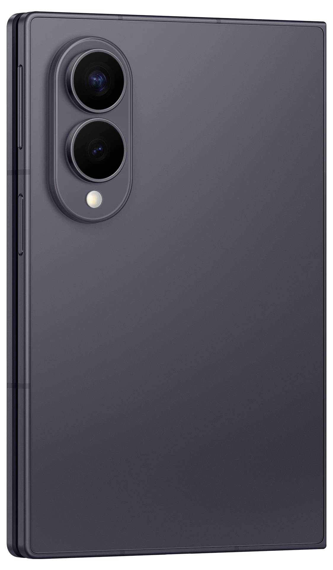 Rückansicht eines dunkelgrauen faltbaren Smartphones mit einem dualen rückwärtigen Kameramodul und Blitz oben links.