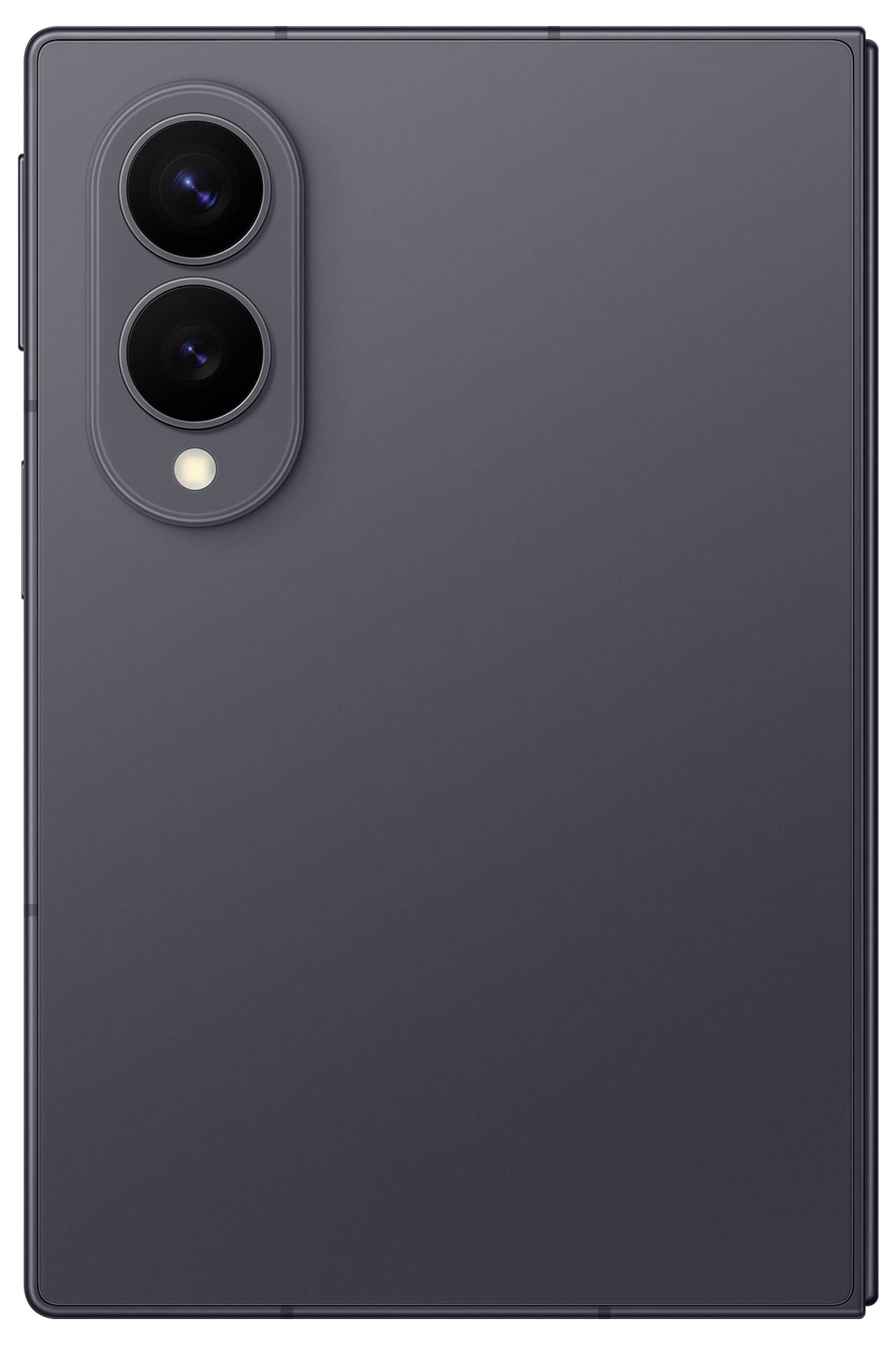 Rückansicht eines dunkelgrauen faltbaren Smartphones mit Dual-Rückkameras und einem Blitz oben links.