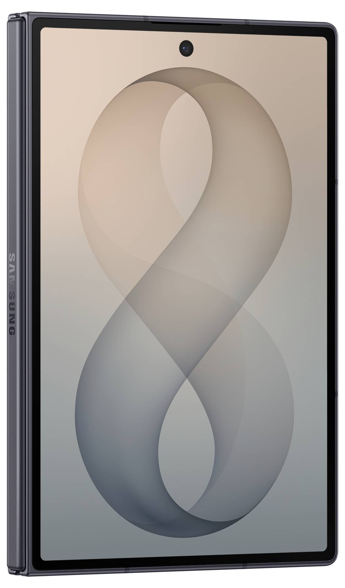 Vorderansicht eines faltbaren Smartphones/Tablets mit einem großen abstrakten Band-Hintergrundbild und einem zentrierten Loch für die Frontkamera.